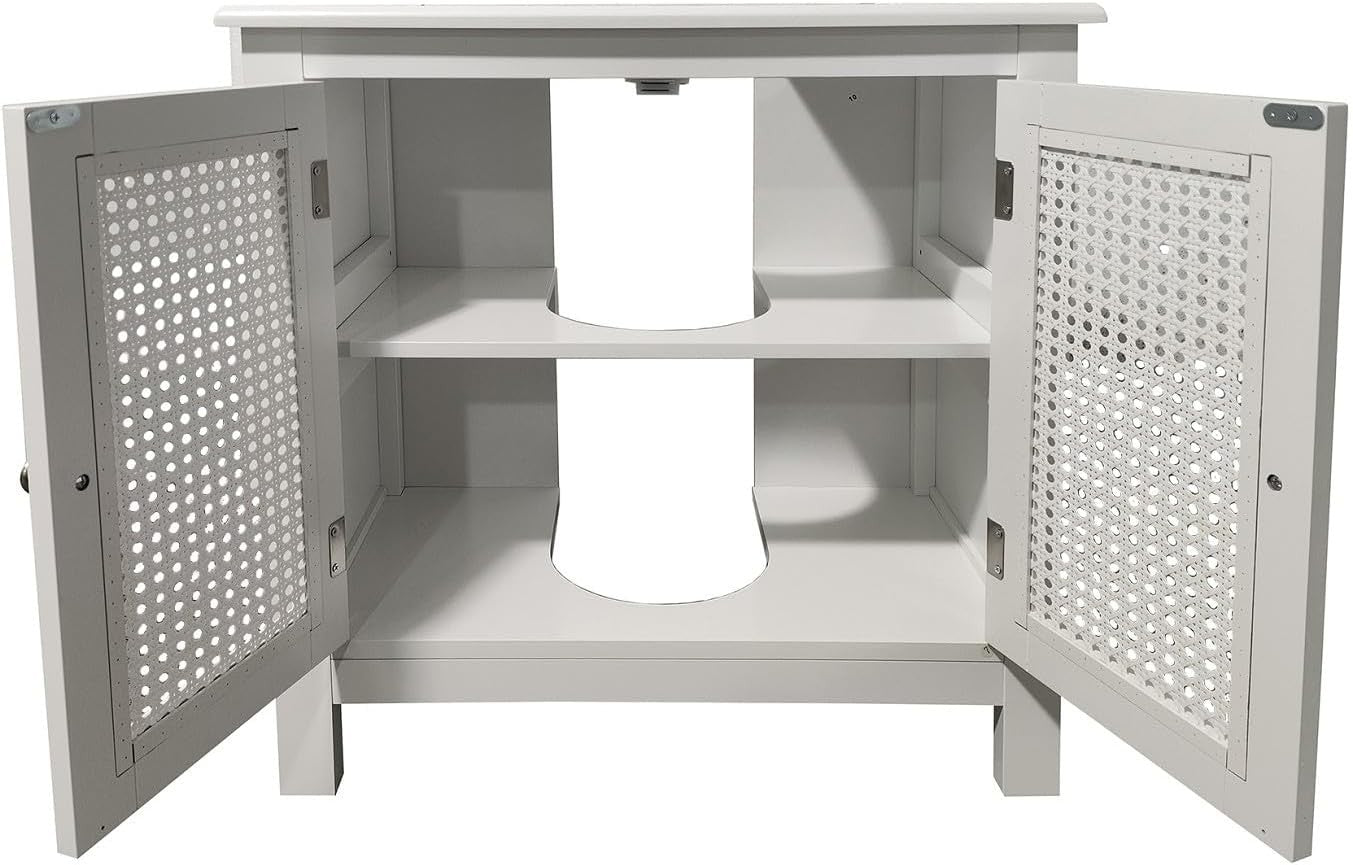 White Under Sink Bathroom Cabinet with Cane Doors & Adjustable Storage Shelf