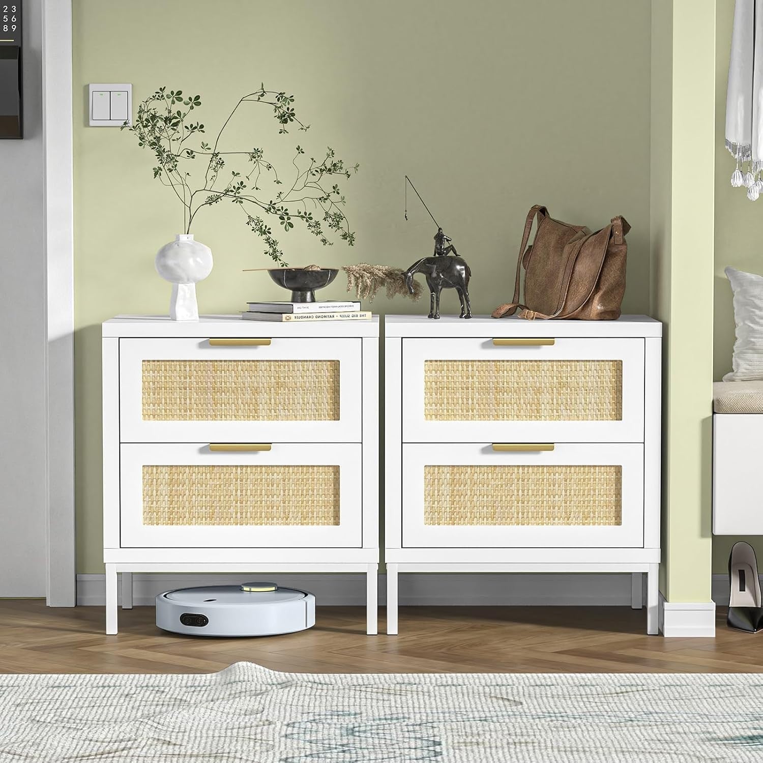 Set of 2 White Rattan Bedside Tables with Drawers – Modern Scandi Style