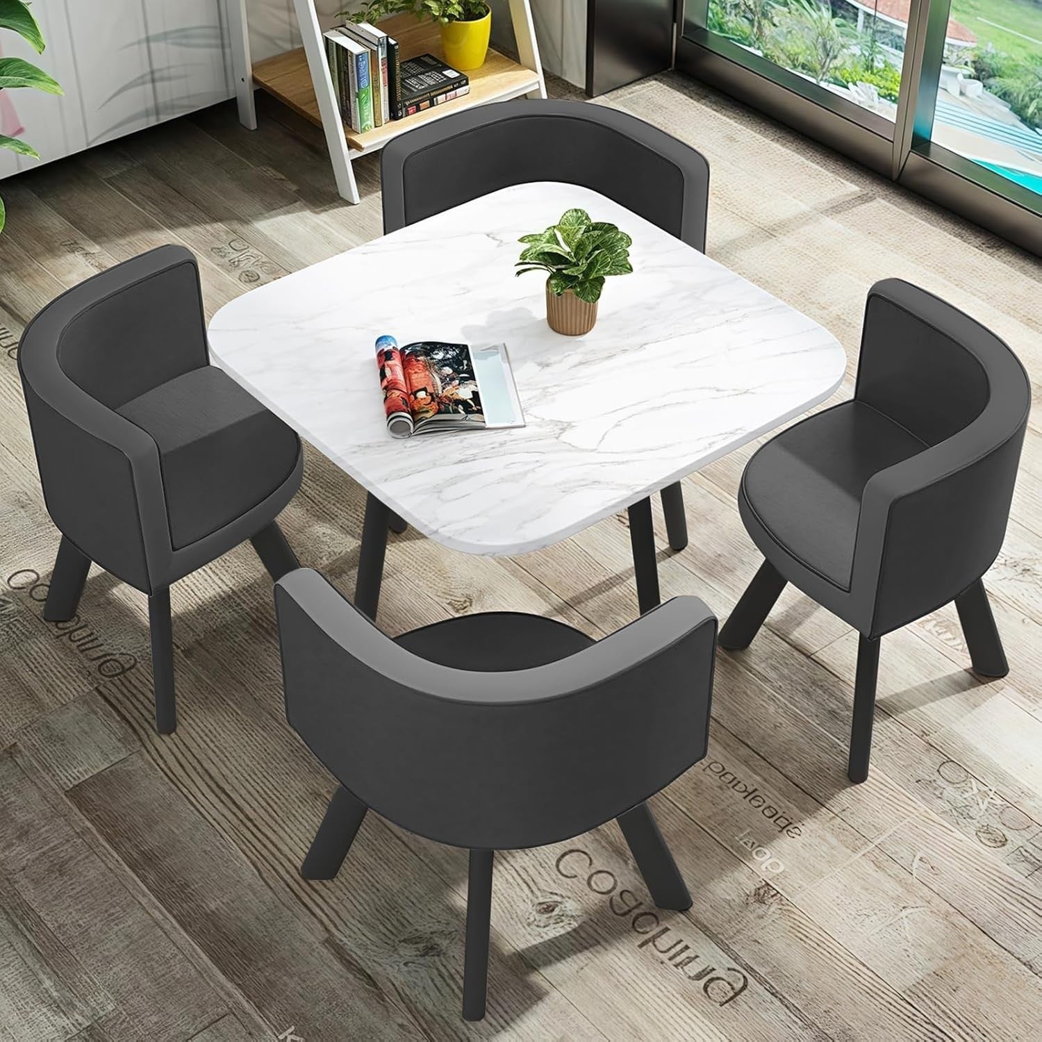 Modern 5-Piece White Dining Table Set with 4 Reclining Faux Leather Chairs