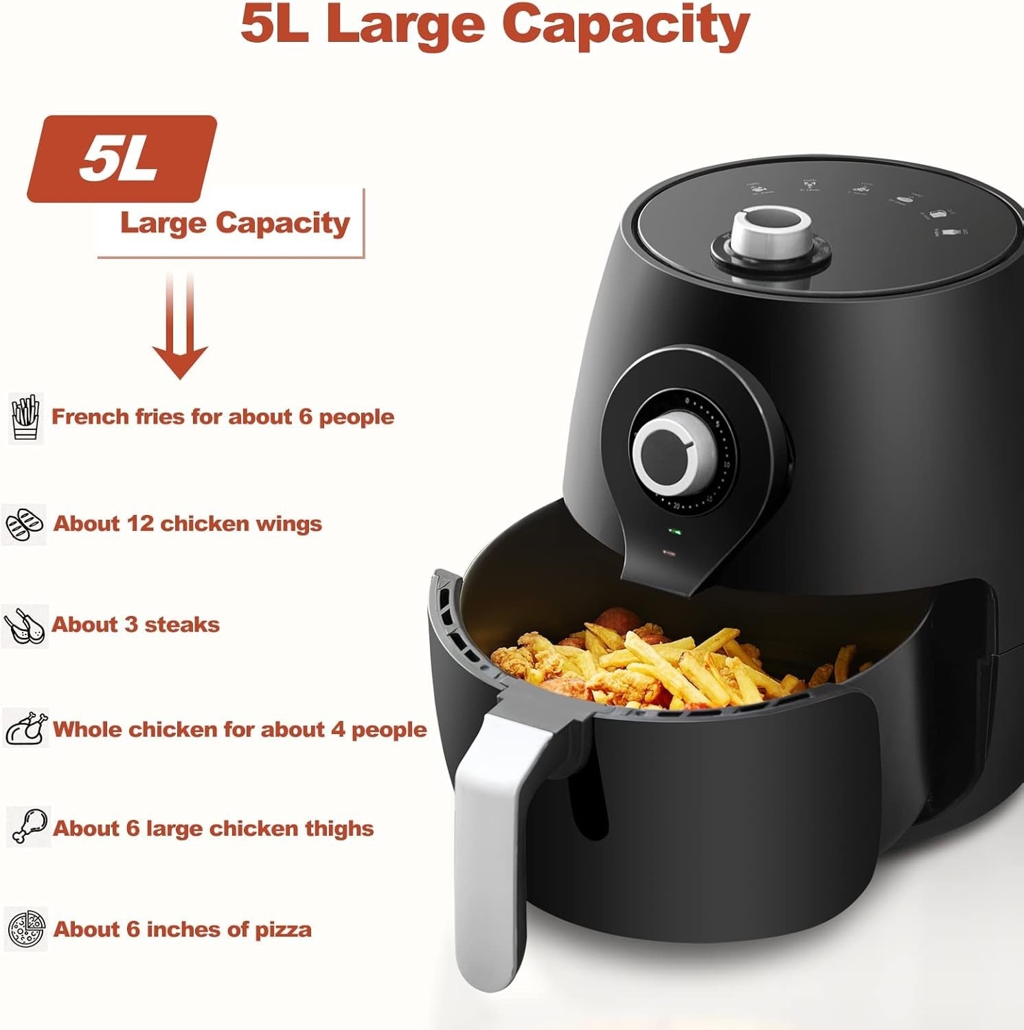 5L Air Fryer 1450W Dual Knob 30 Min Timer Rapid Air Easy Clean