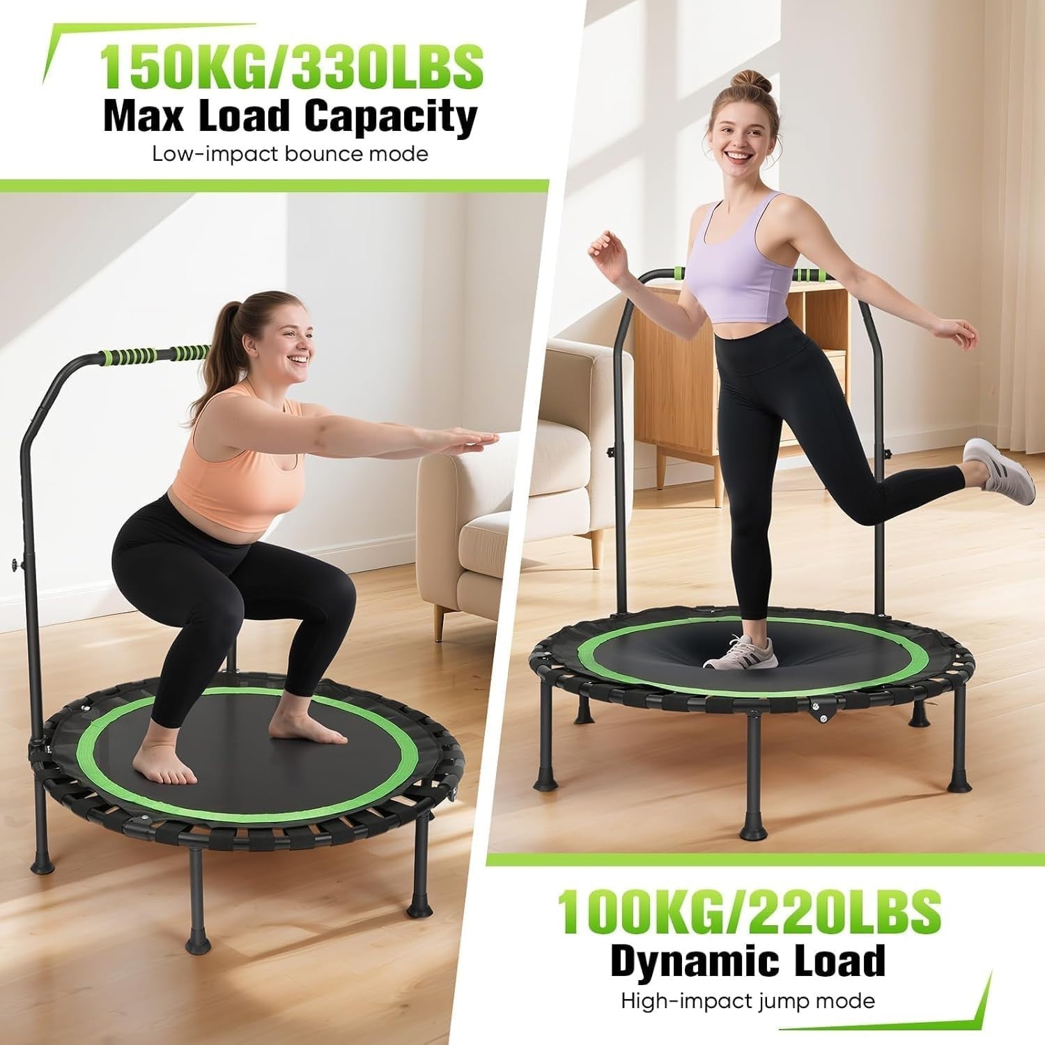 Quiet Folding Fitness Trampoline w Handle 5 Height Levels 150kg
