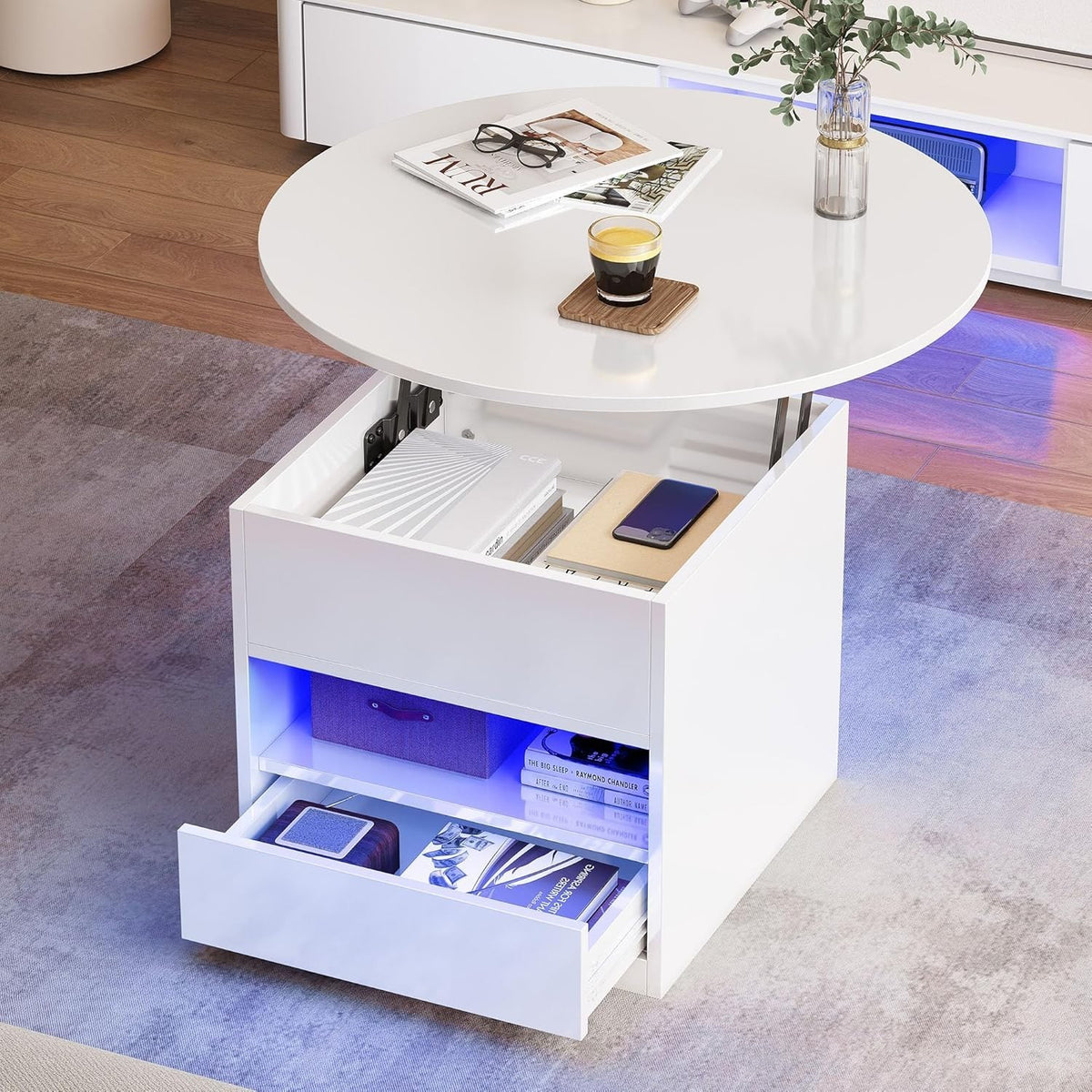 Modern White Round Lift Top Coffee Table with Storage & RGB LED Lights