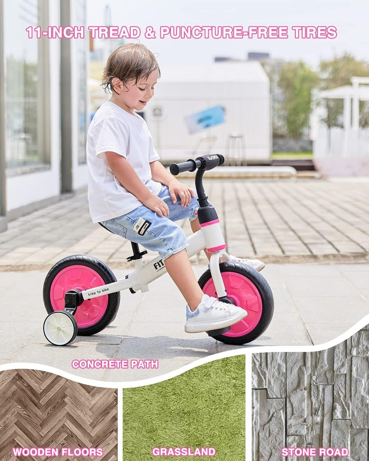 4 in 1 Kids Balance Bike Trike Pedal Bike Training Wheels Pink 2-5Y