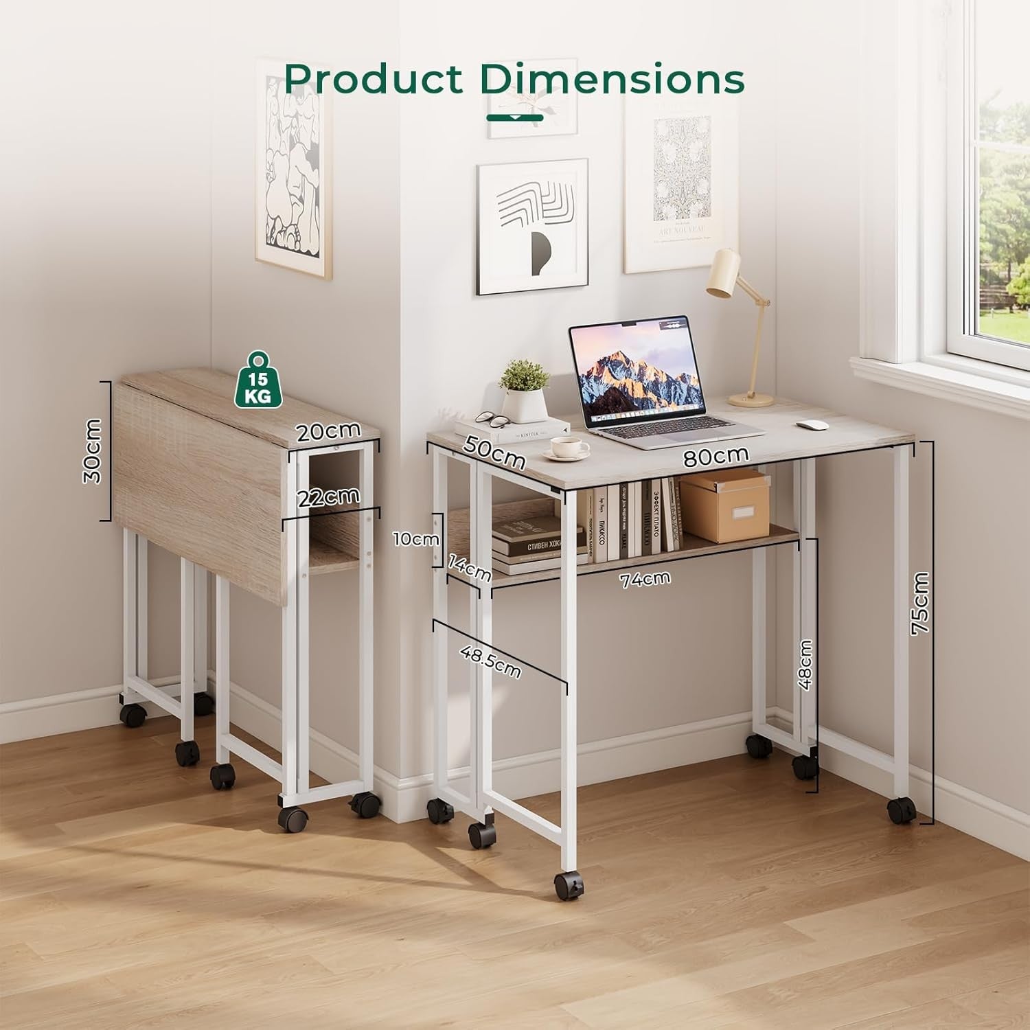 Folding Computer Desk Rolling Laptop Table with Storage Shelf Wheels Oak