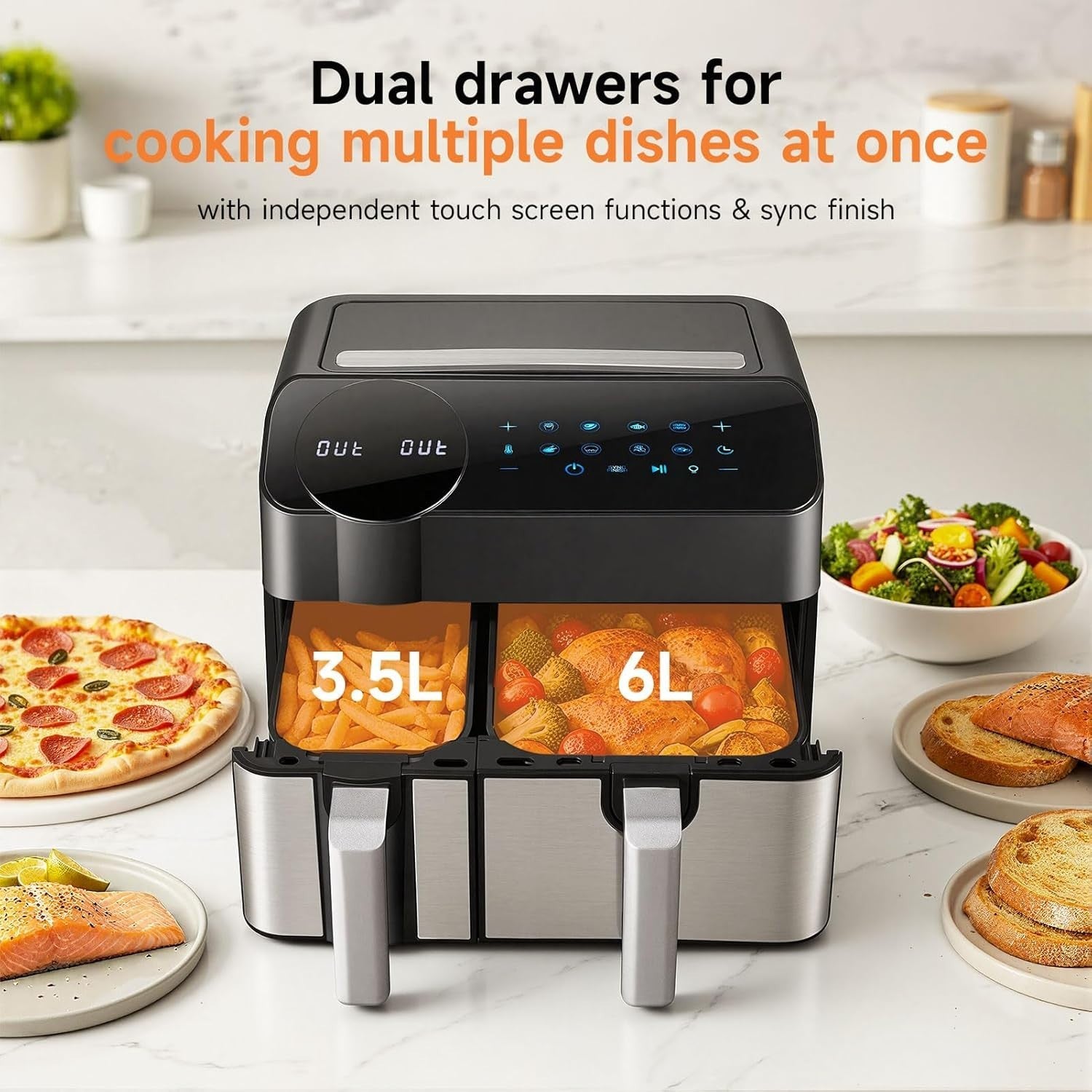 Dual Zone Air Fryer 9.5L 2 Drawers, 8-in-1 Presets, RapidAir 2400W, Touch Screen