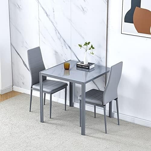 Square Glass Dining Table Set 2 Chairs Modern Space Saving Grey Faux Leather