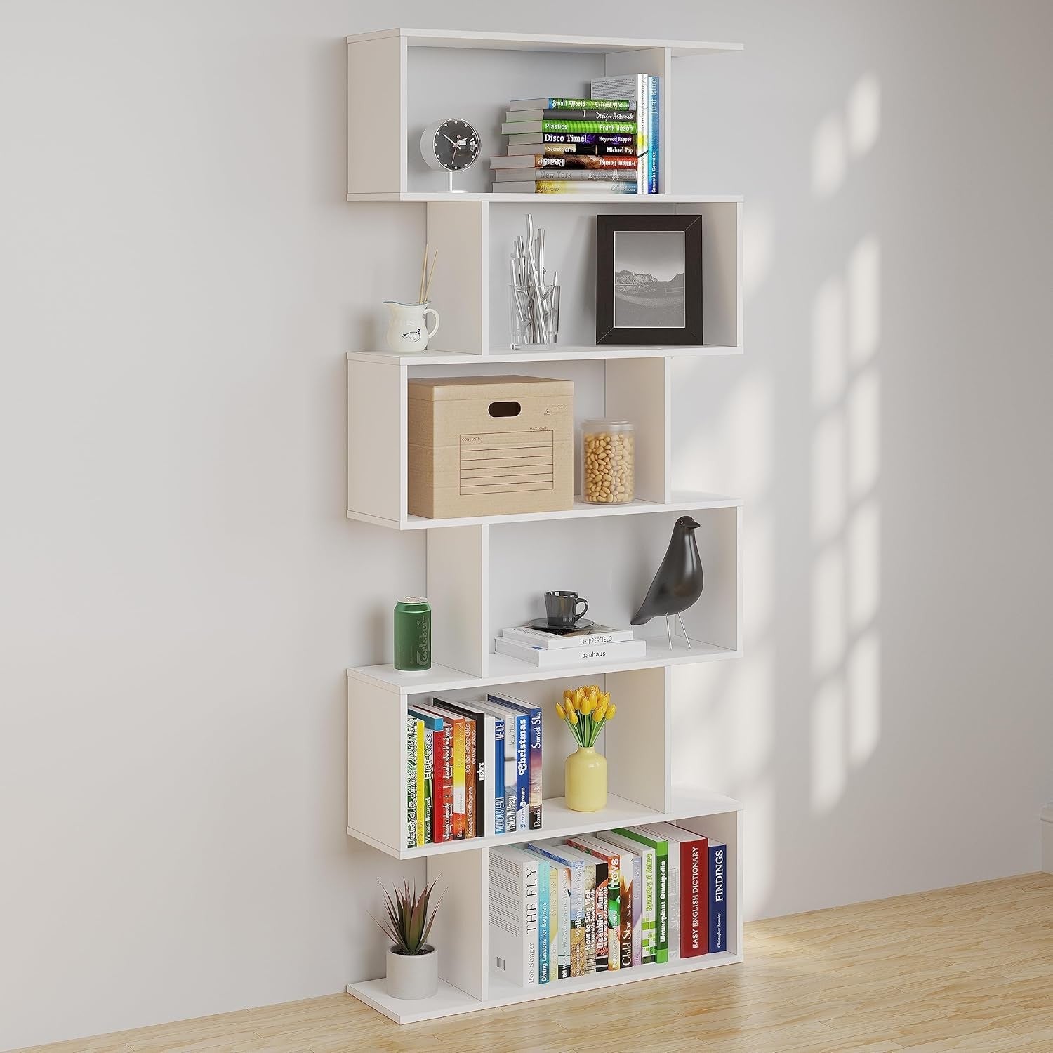 White S Shape 6 Tier Bookcase Modern Display Shelf Free Standing Storage Unit