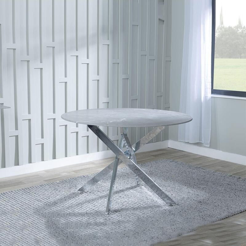Round Grey Glass Dining Table Set 4 Chairs Chrome Metal Faux Leather