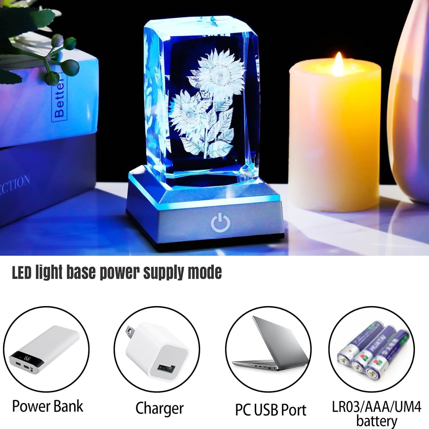 3D Crystal Sunflower Ornament with LED Light Base – Birthday Gift for Women