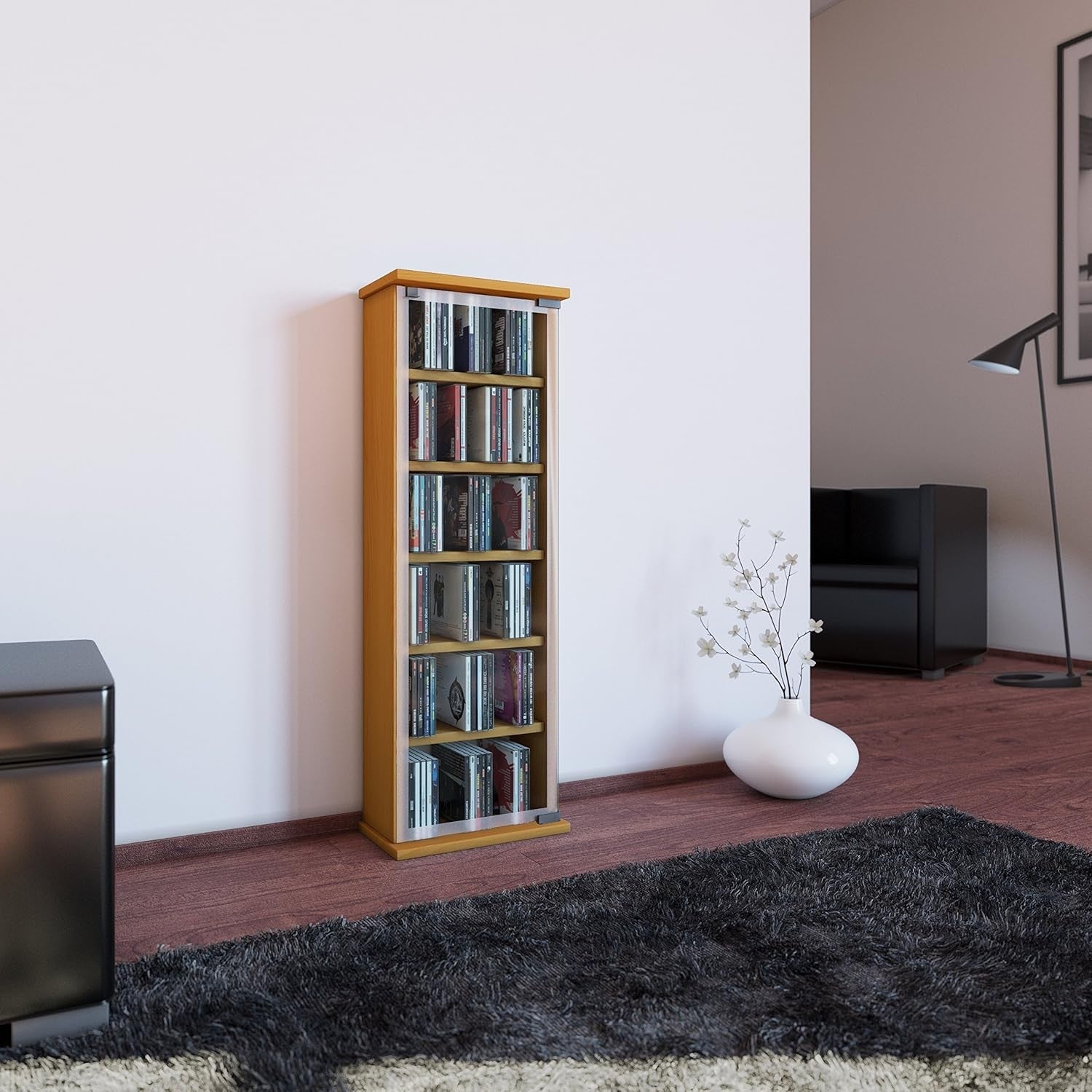 CD DVD Storage Tower Cabinet Glass Door Media Shelf Holds 150 CDs