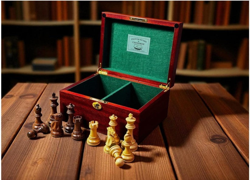 Luxury Acacia & Boxwood Chess Pieces Set 10.16cm King + Mahogany Storage Box