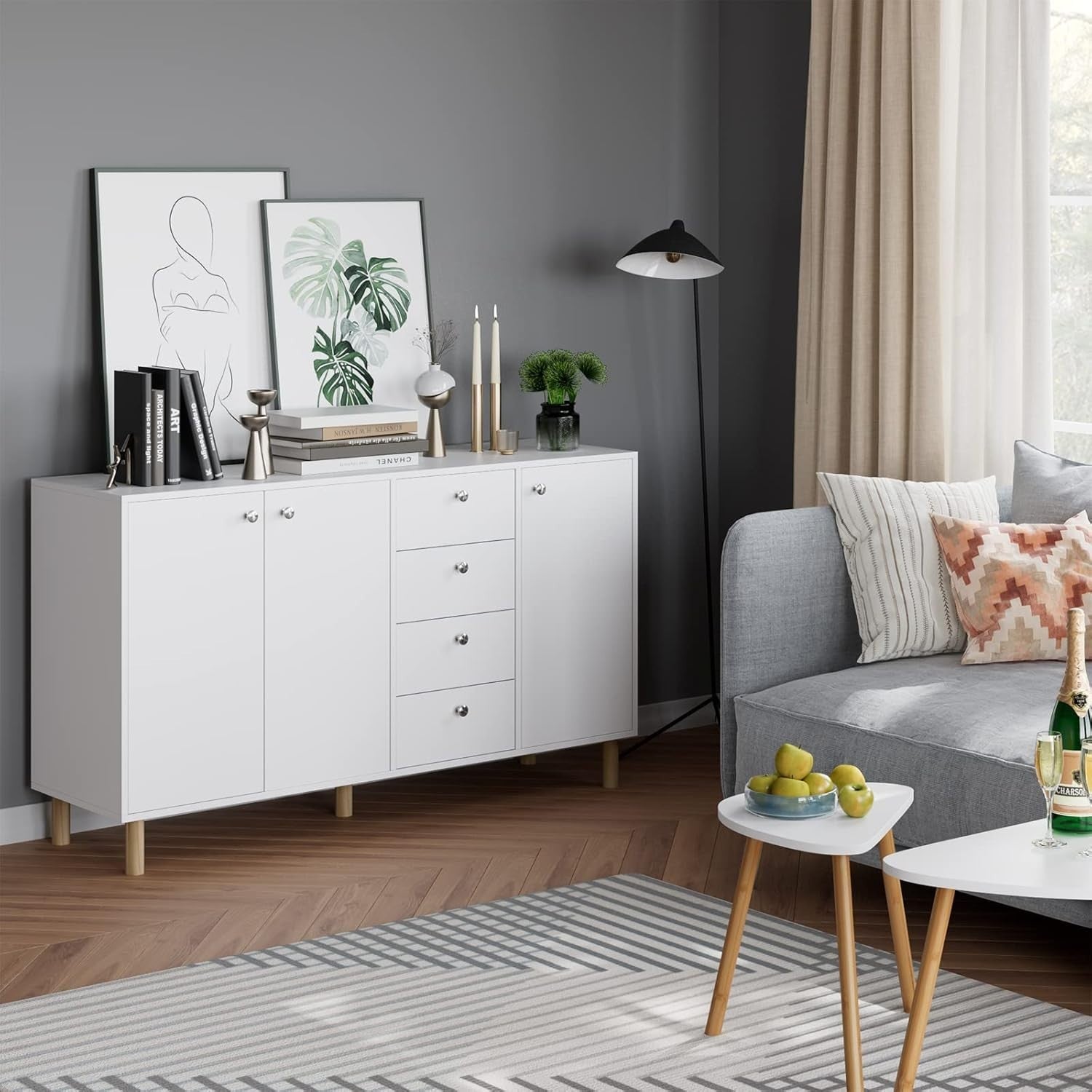 Modern White Sideboard Cabinet with Drawers & Doors 140cm Storage Unit