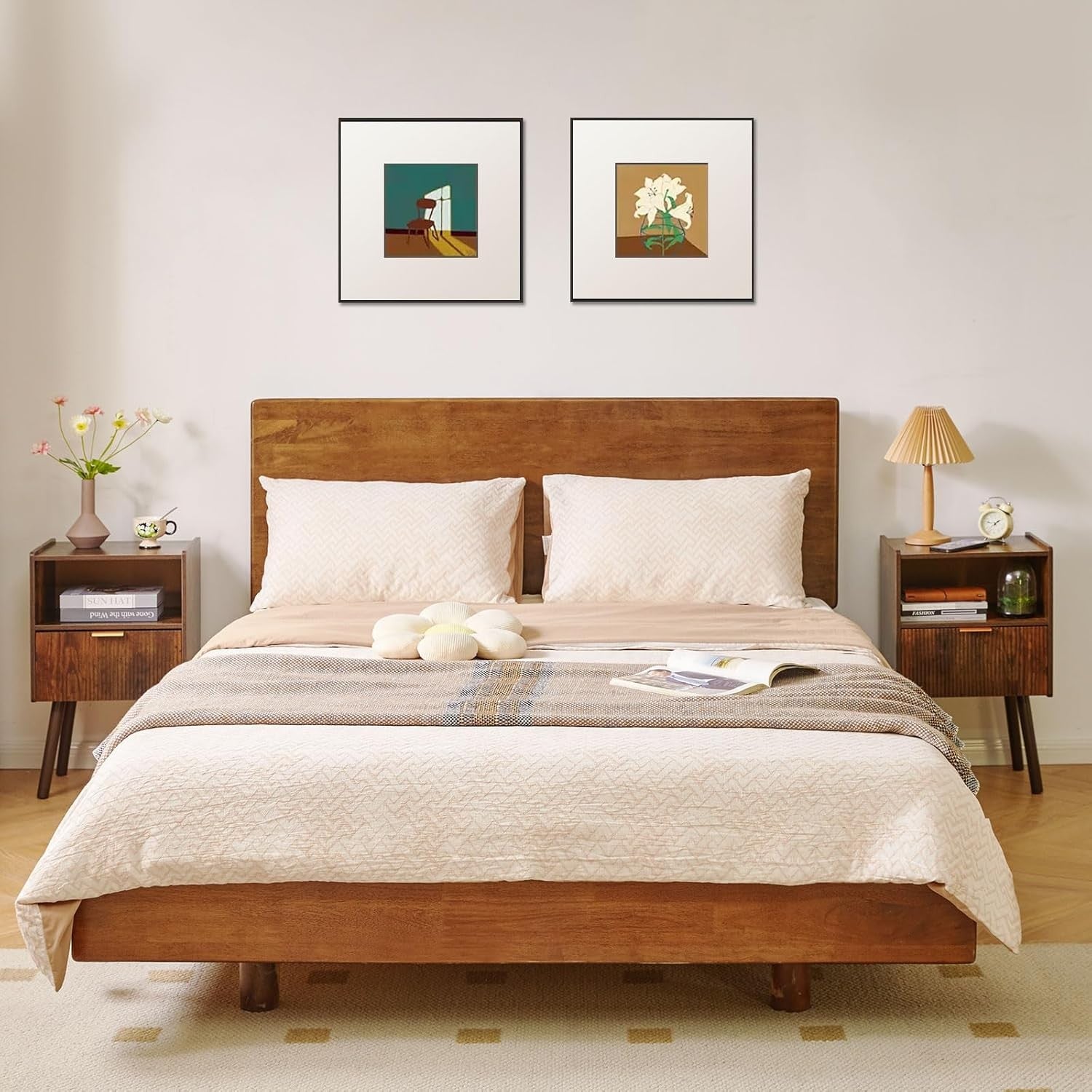 Rustic Brown Bedside Table with Drawer & Open Shelf – Modern 2-Tier Nightstand