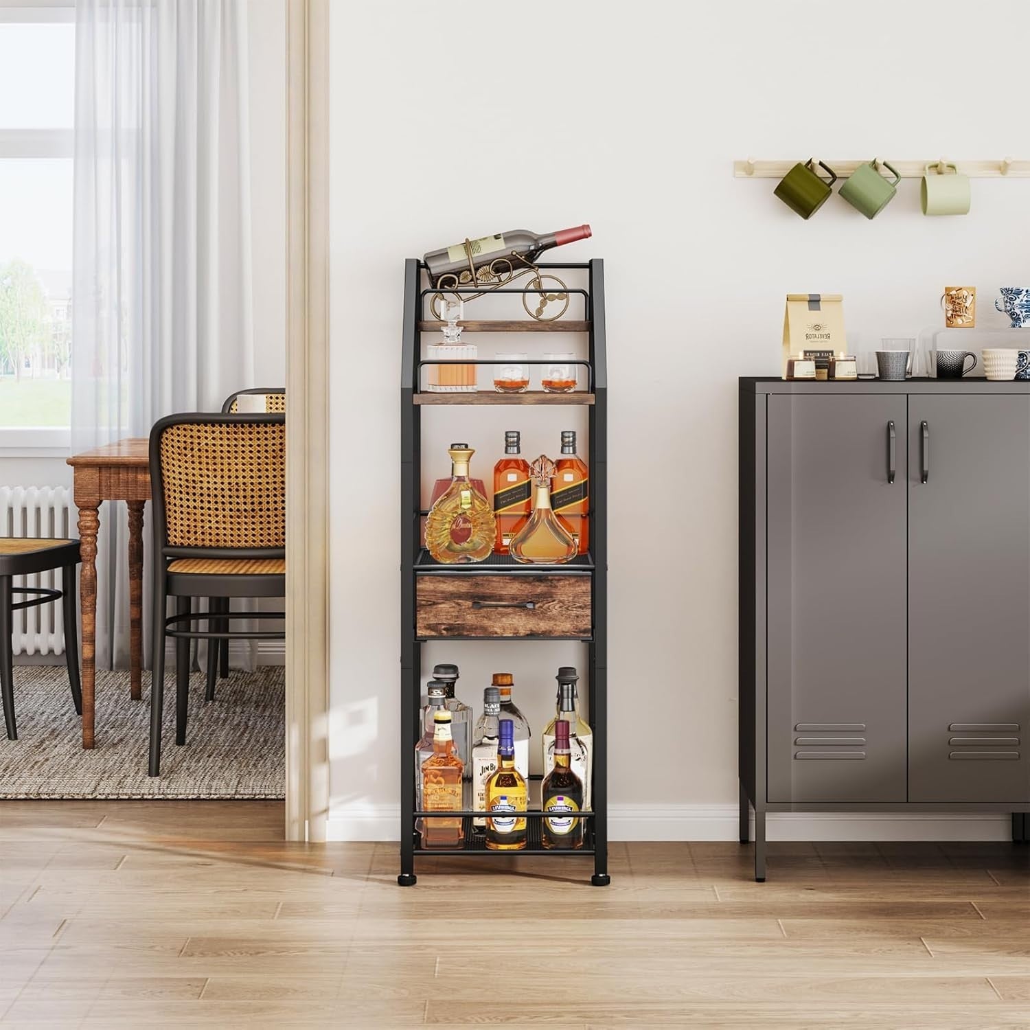 4-Tier Wine Bar Cabinet with Drawer & Glass Holder, Freestanding Liquor Shelf