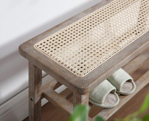 Rattan Dining Storage Bench Solid Wood Legs Ottoman Seat Entryway Hallway