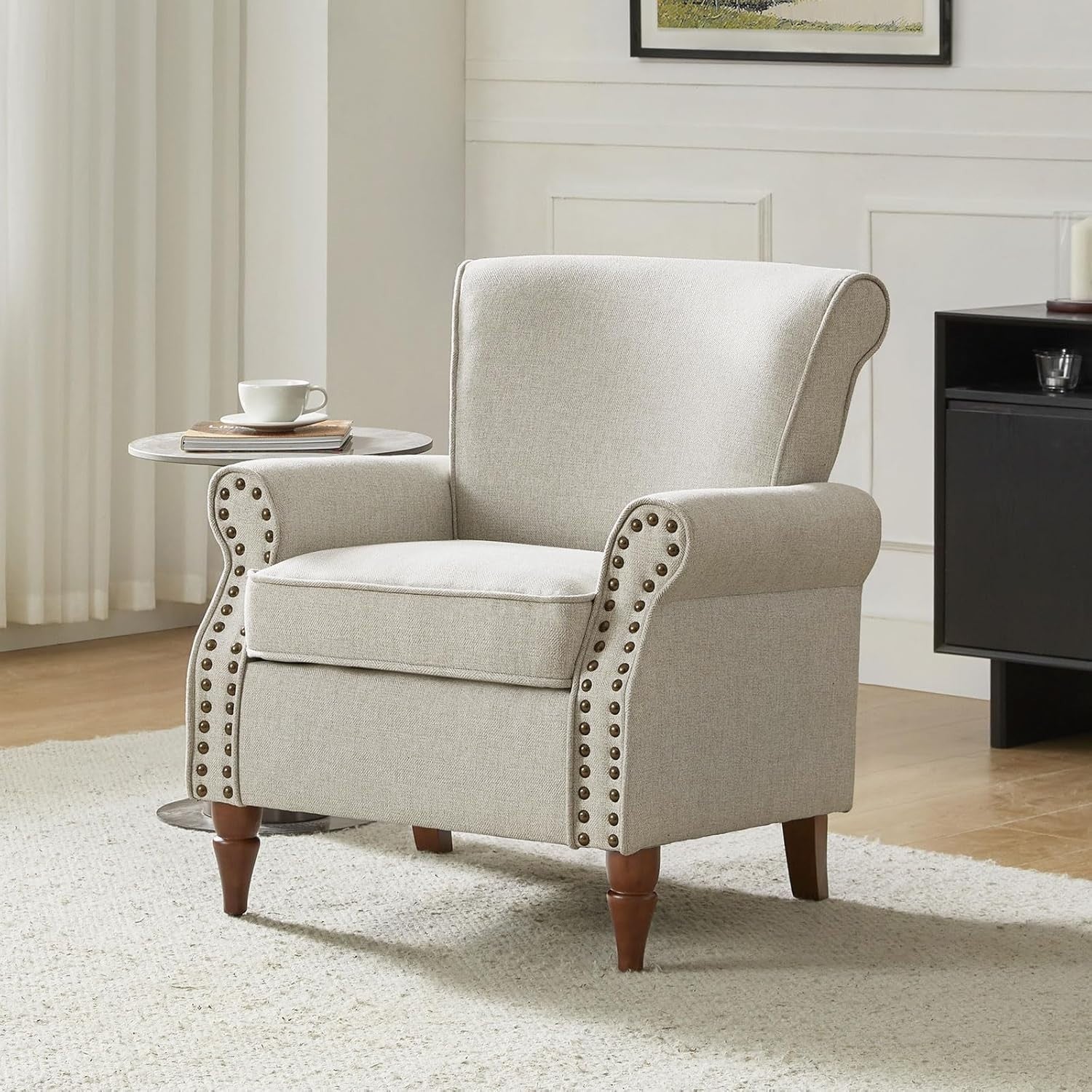 Oatmeal Wingback Accent Chair Comfy Upholstered Lounge Living Room Seat