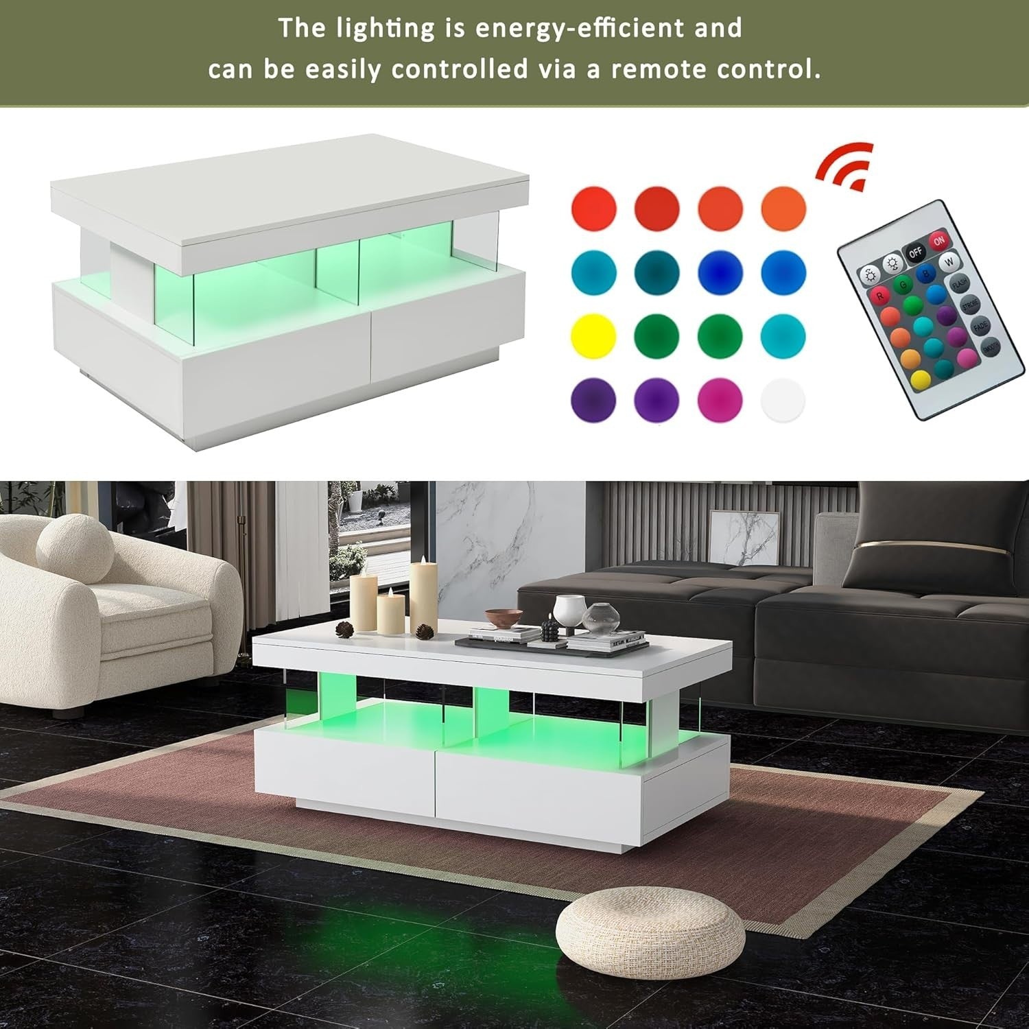 White LED Coffee Table with 2 Drawers & Open Storage, High Gloss 100x60cm