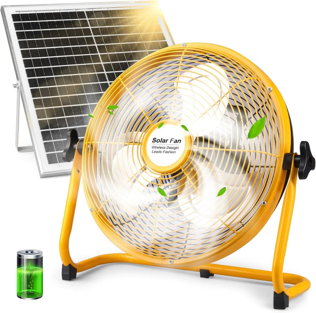 20W Solar Floor Fan – 15000mAh Rechargeable Portable 12-Speed Outdoor Yellow