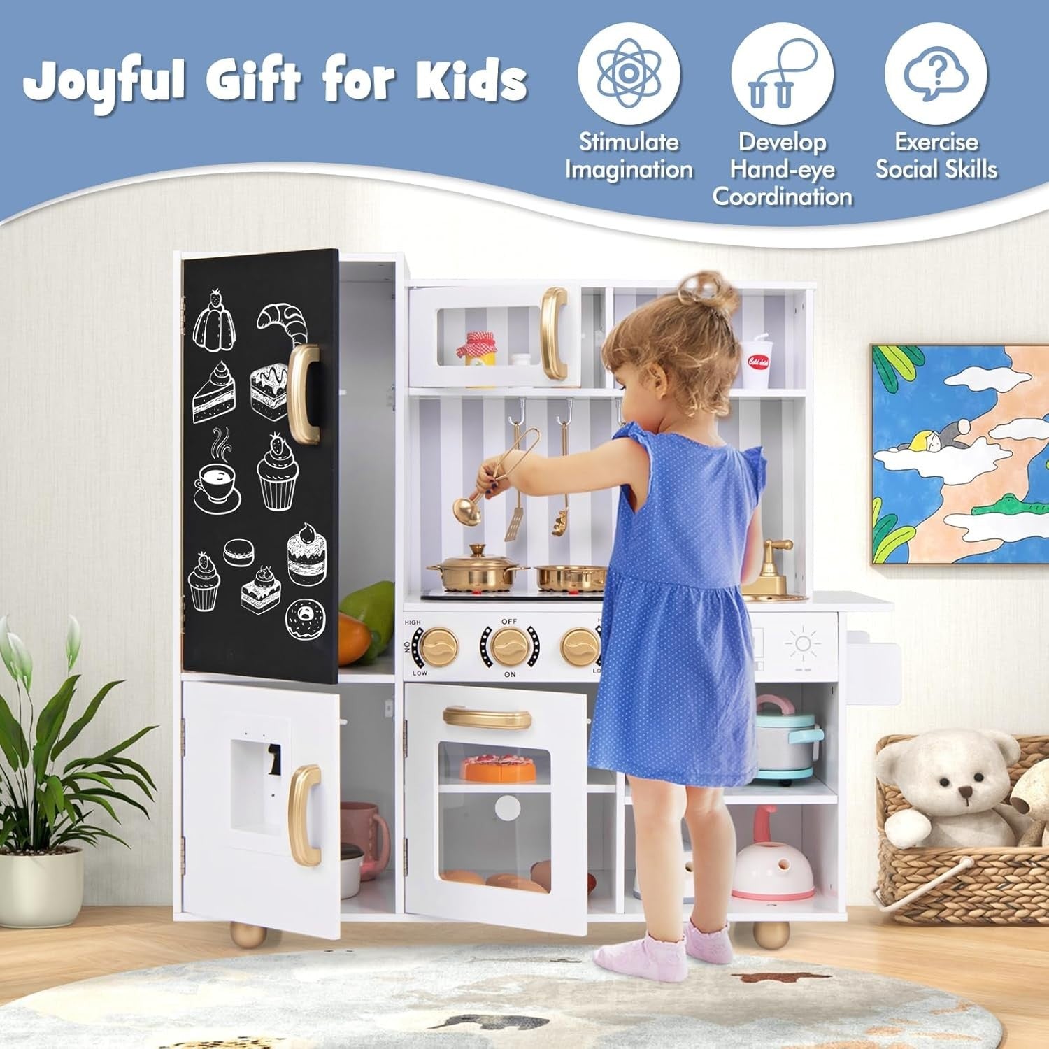Kids Wooden Play Kitchen Lights Sounds Water Dispenser White Gold