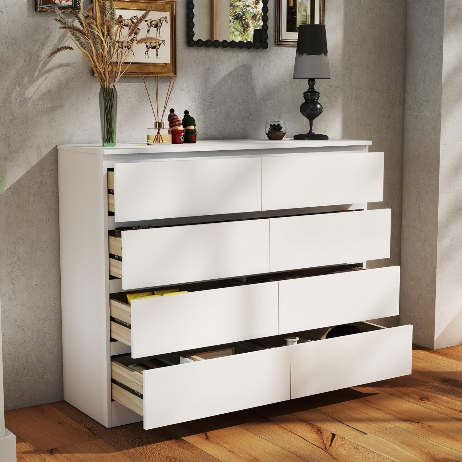 Modern White 8 Drawer Chest Wide Storage Unit No Handles 115x95x39cm
