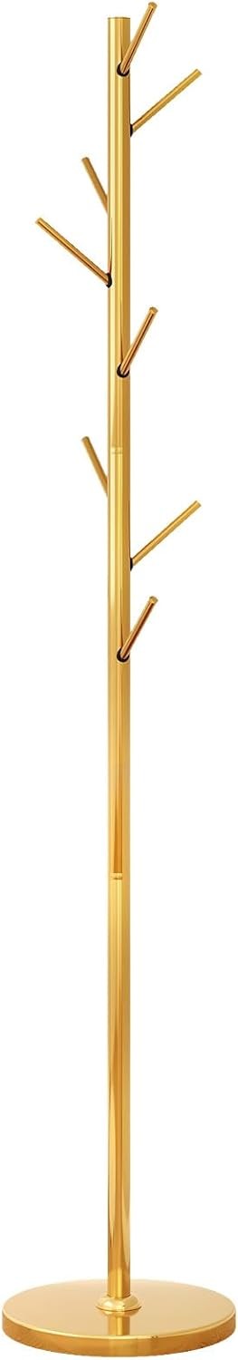 Gold Metal Coat Rack Stand 8 Hooks | Modern Freestanding Hall Tree 187cm