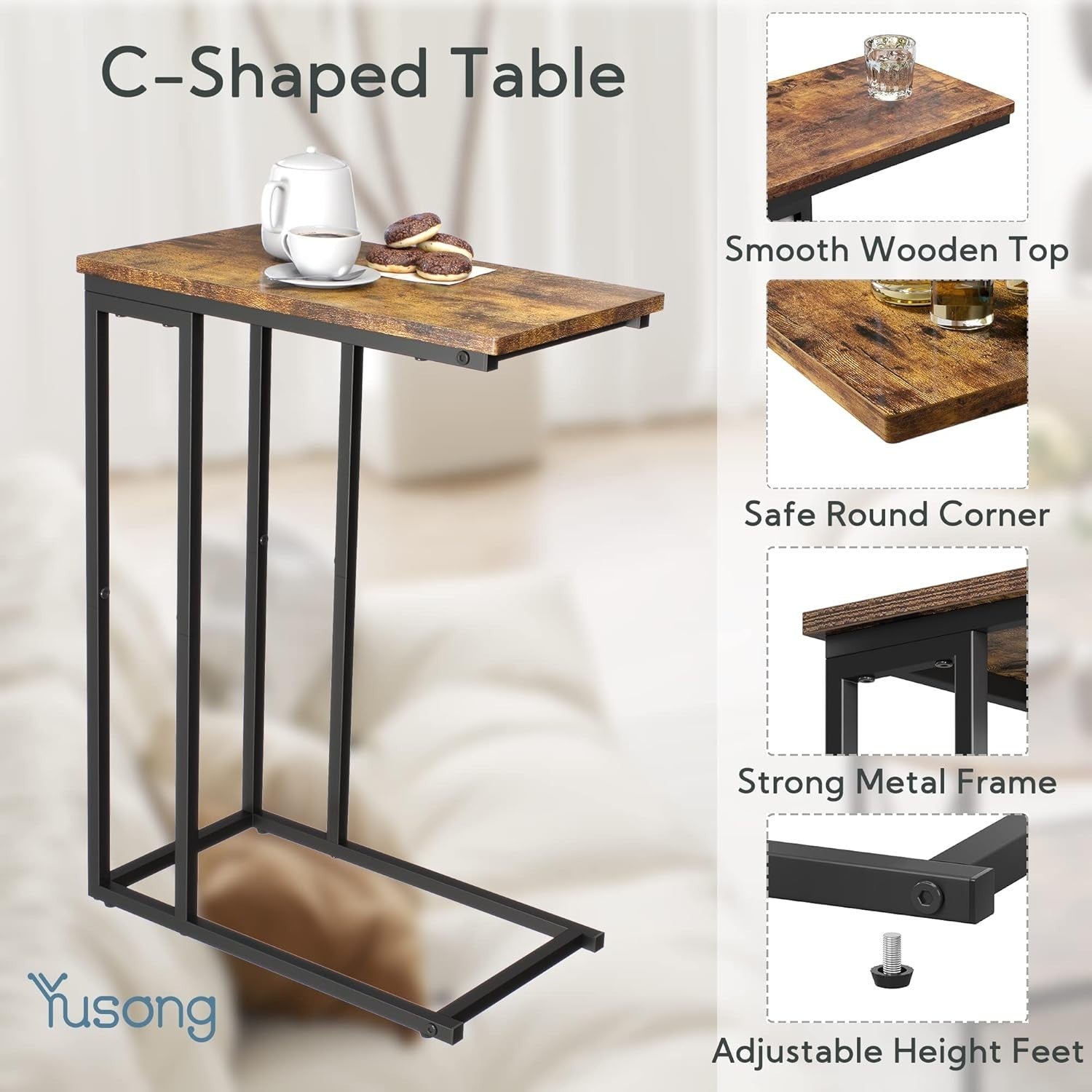 Slim C-Shaped Side Table for Sofa Bed, Rustic Brown Laptop & Snack Tray