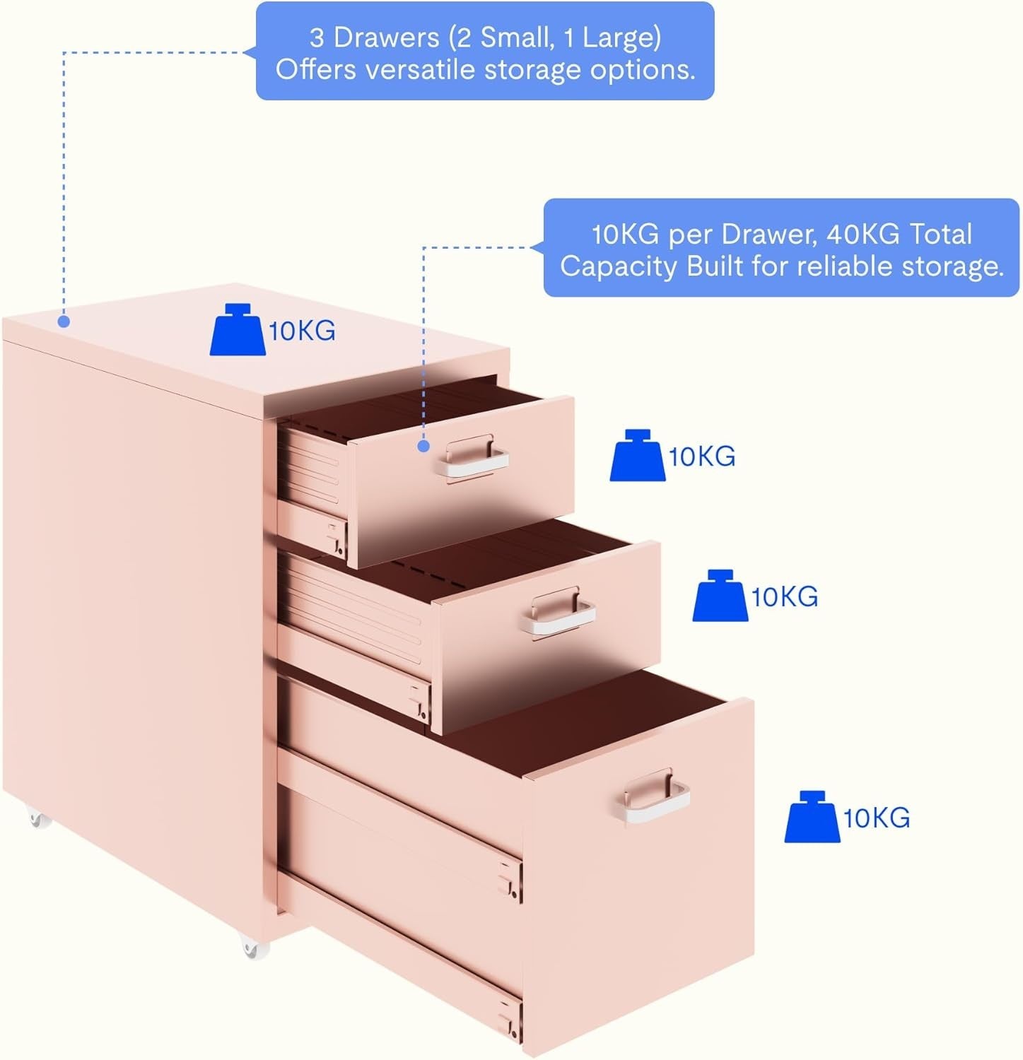 Pink Mobile Filing Cabinet 3 Drawer A4 Under Desk Office Storage