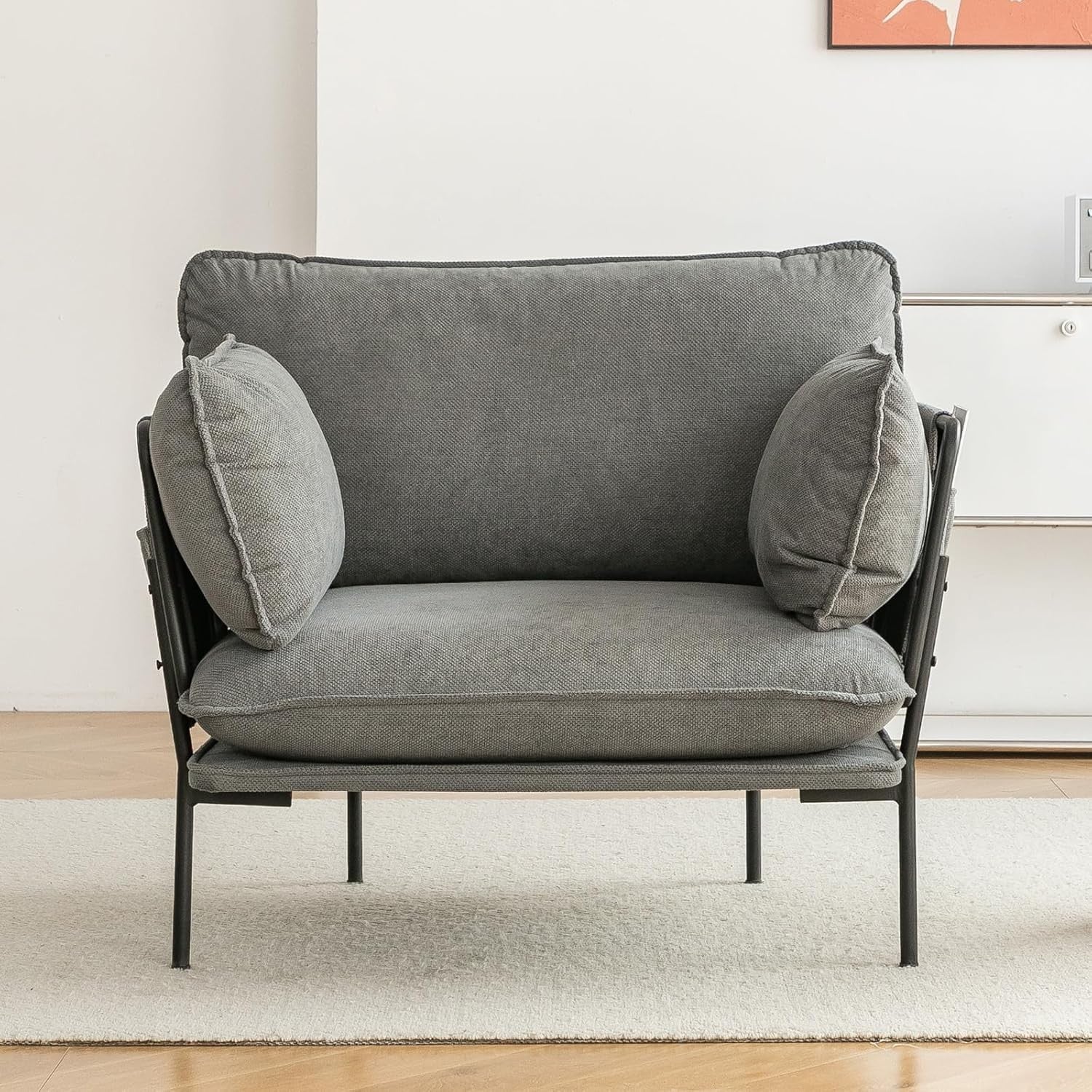 Modern Grey Upholstered Accent Armchair with Metal Frame – Cozy Lounge