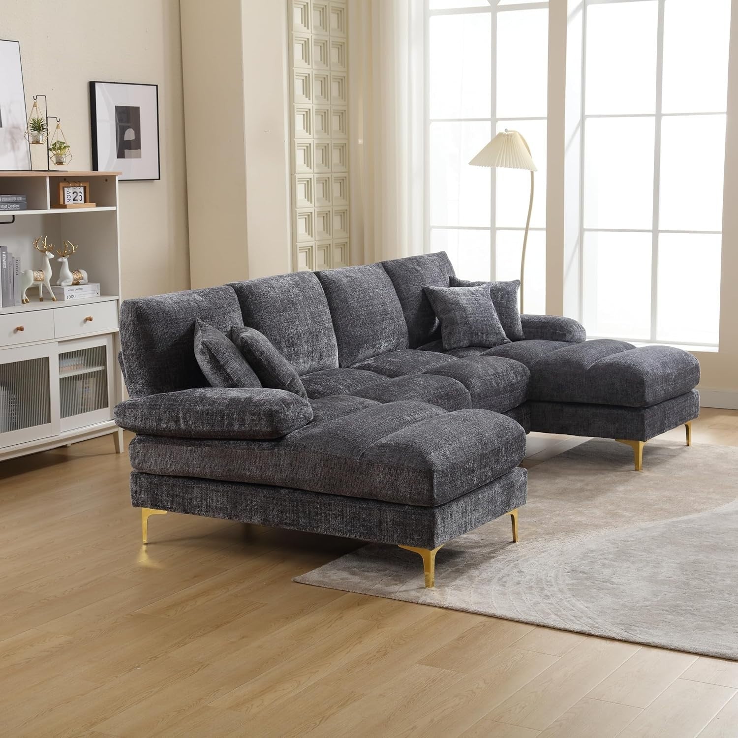 4 Seater U-Shaped Sofa Grey Chenille Sectional with Double Chaise & 4 Pillows