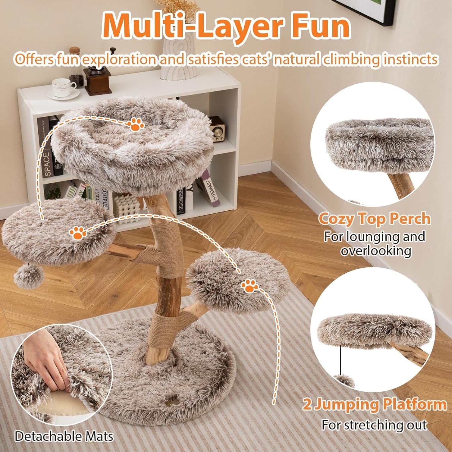 92cm Wooden Cat Tree Multi Level Tower with Plush Perch & Jute Scratching