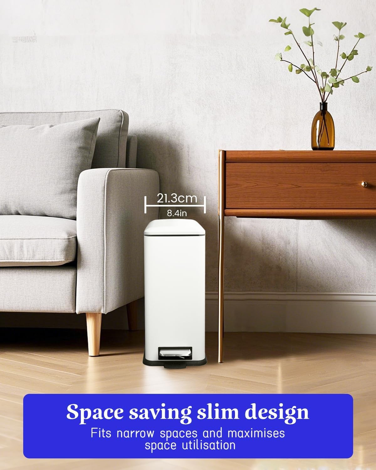 17L White Stainless Steel Pedal Bin Slim Bathroom Soft Close Lid