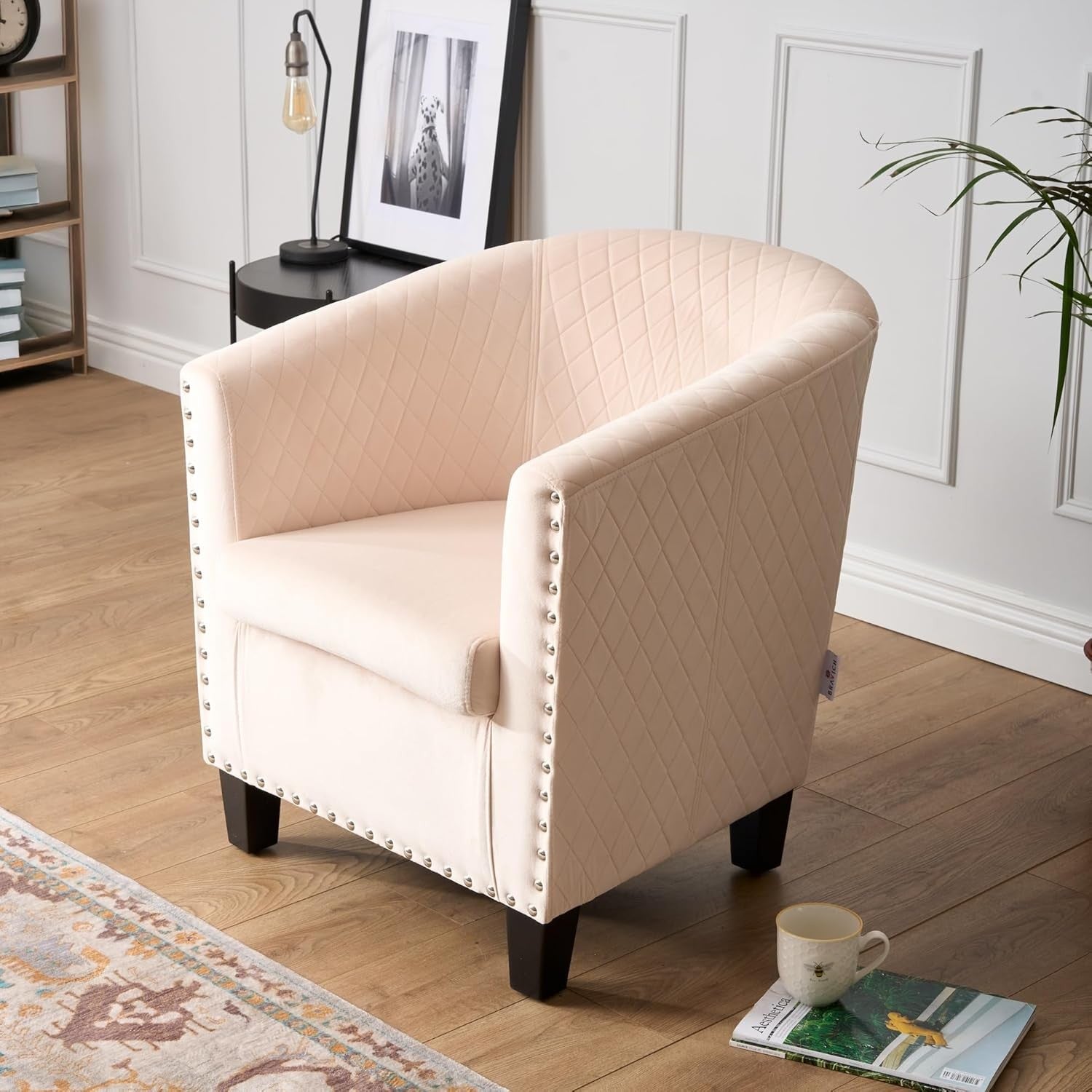 Beige Velvet Tub Chair Studded Accent Armchair Lounge Seat
