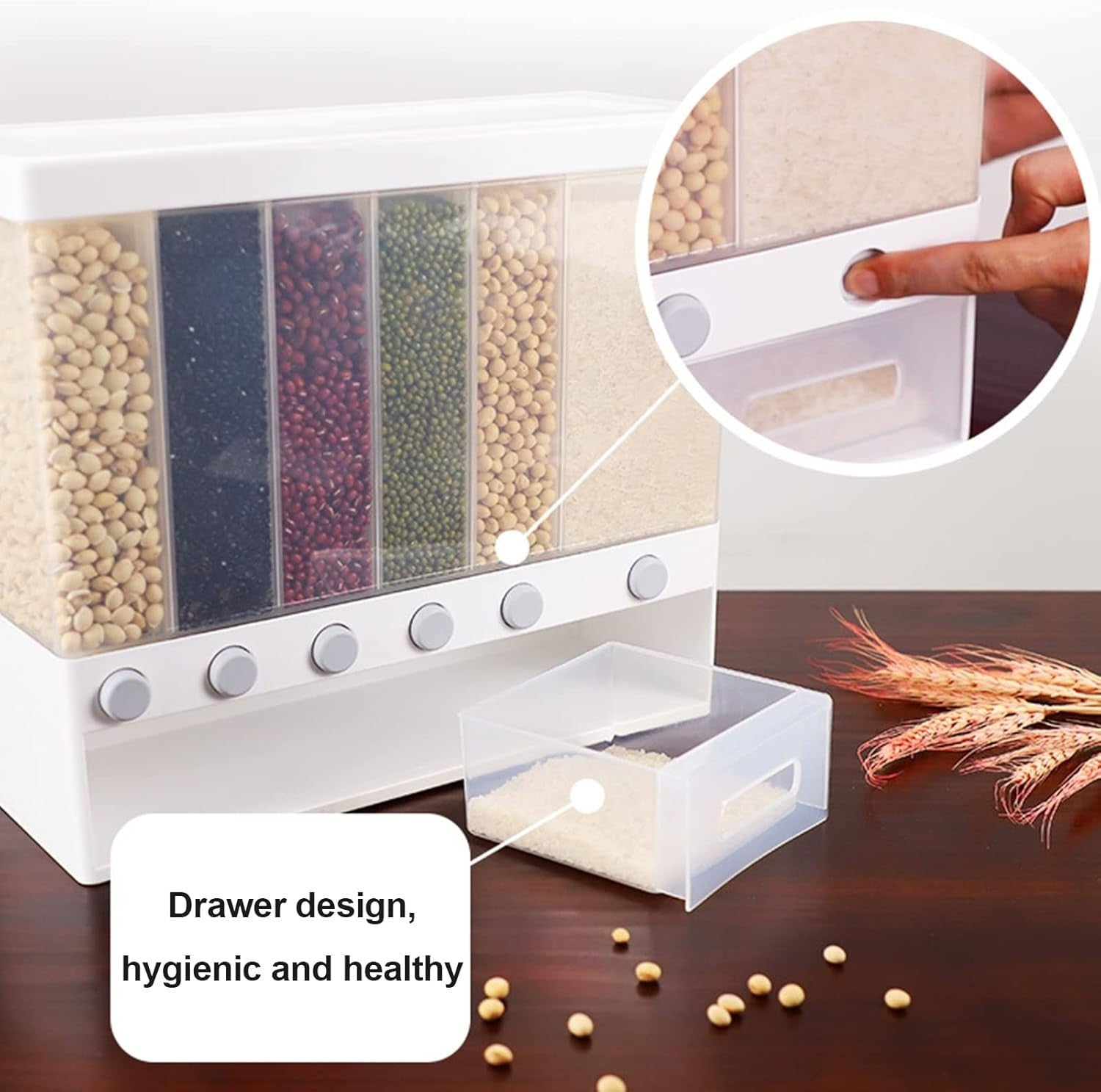 10KG 6 Compartment Cereal Dispenser Transparent Rice Grain Storage Bin