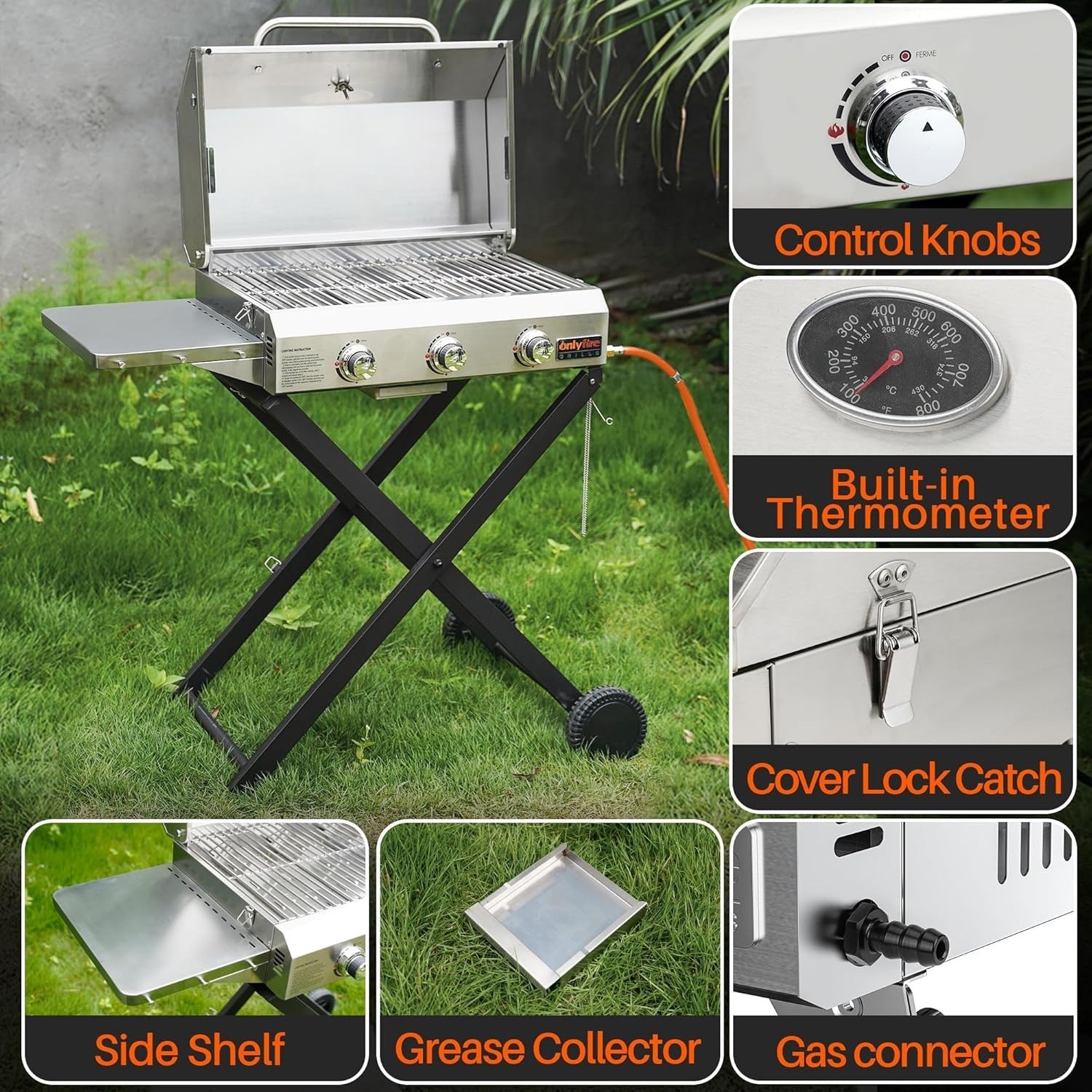 3 Burner Portable Gas BBQ Grill with Lid & Thermometer | Folding Trolley