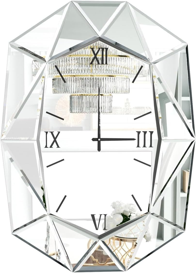 Beveled Glass Wall Clock with Roman Numerals | Silent, Modern Silver Decor