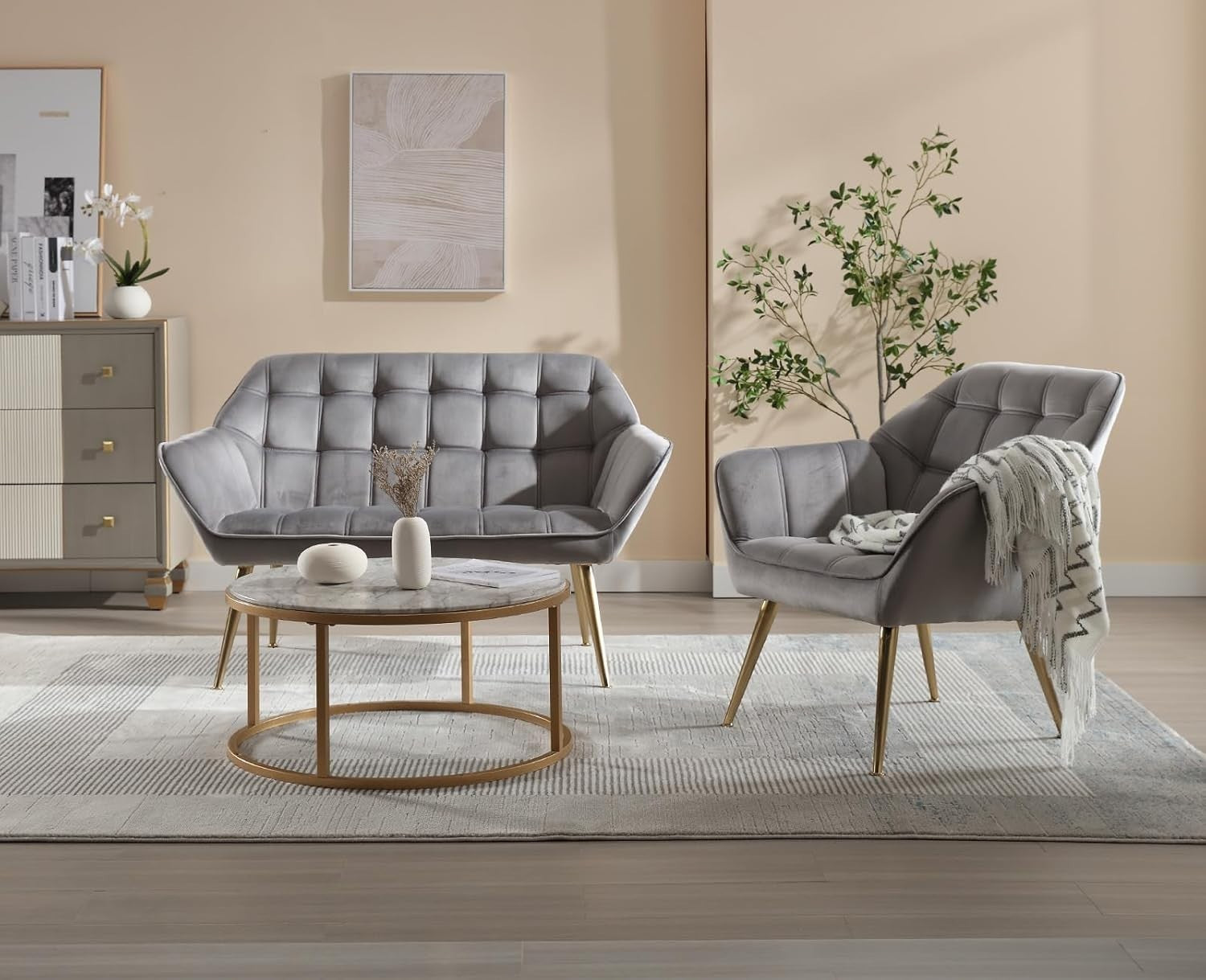 2 Seater Grey Velvet Sofa Loveseat Chair Metal Legs Modern Armchair