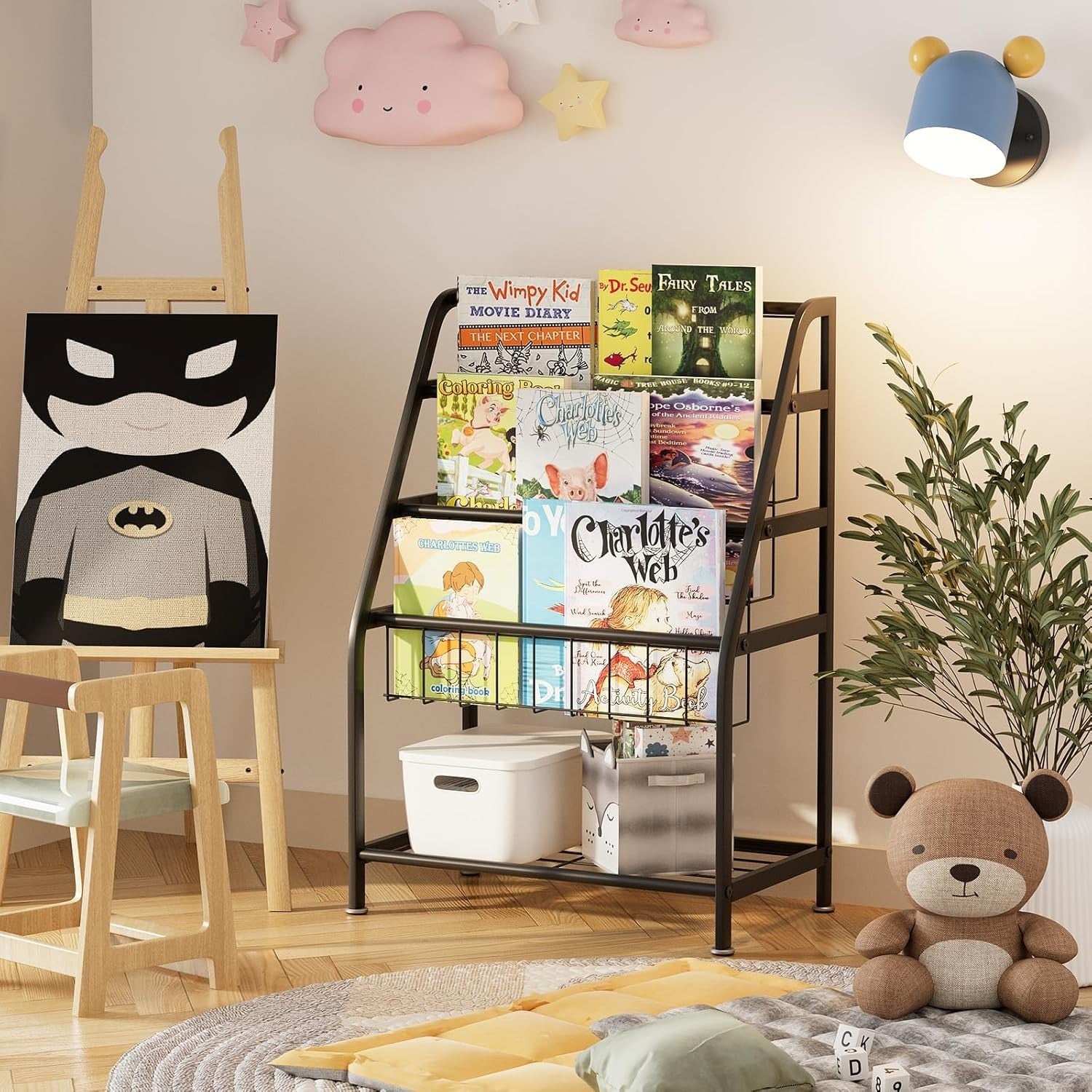 Kids Bookcase & Toy Organizer Shelf – Durable Metal, Space-Saving Leaning Rack