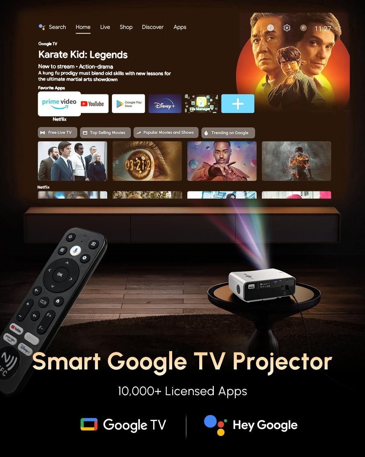 4K Smart Projector 2200 ANSI Google TV WiFi 6 Bluetooth HDR
