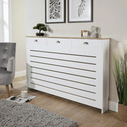 White Radiator Cover with Drawer & Oak Shelf Modern Slatted Cabinet 150cm