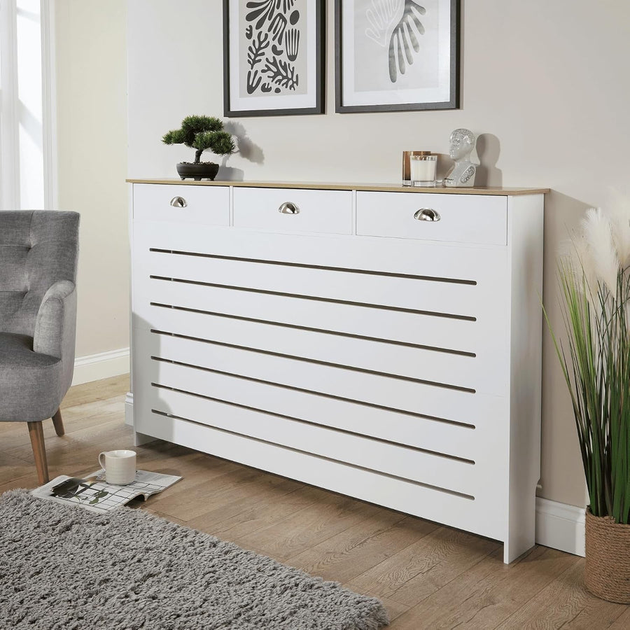 White Radiator Cover with Drawer & Oak Shelf Modern Slatted Cabinet 150cm