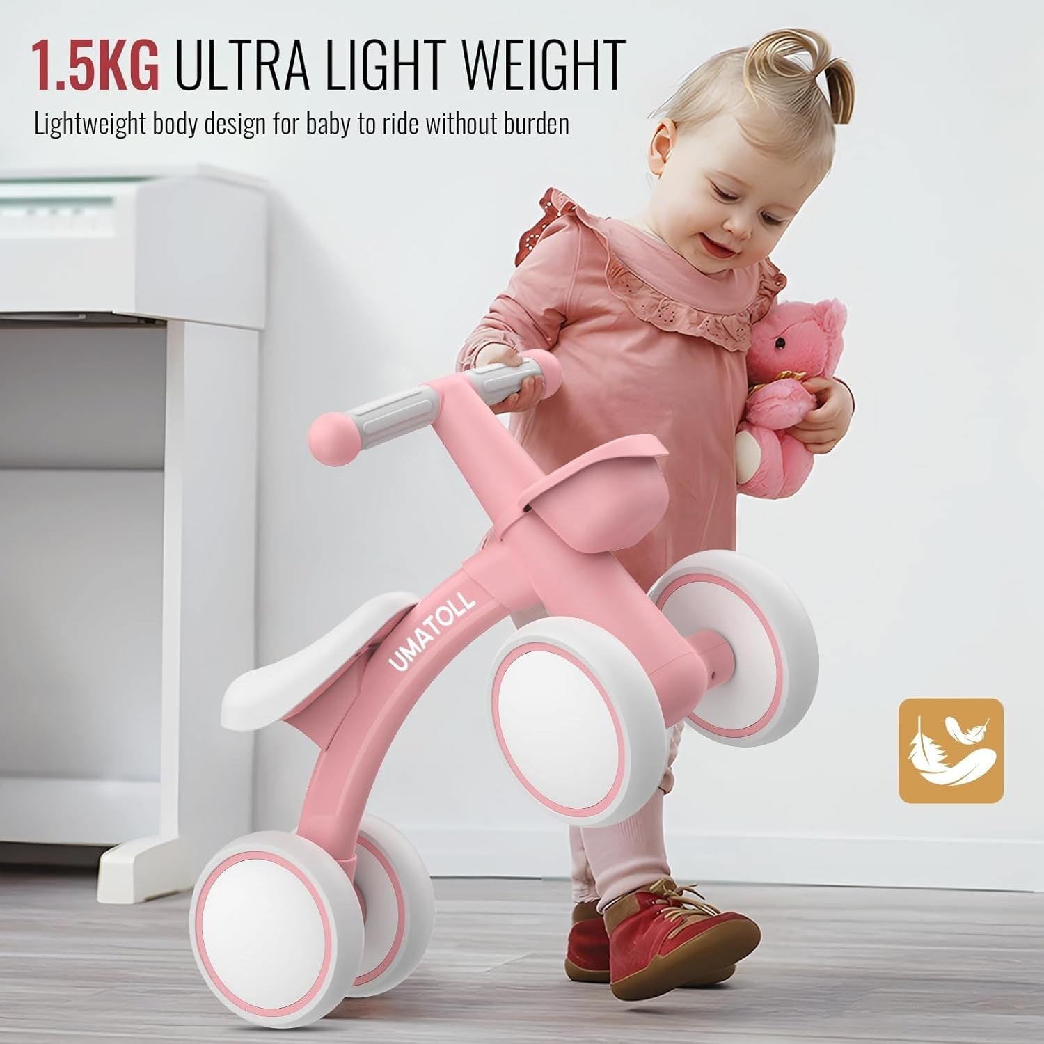 Toddler Balance Bike 12-24 Months Adjustable Seat 4 Wheel Pink