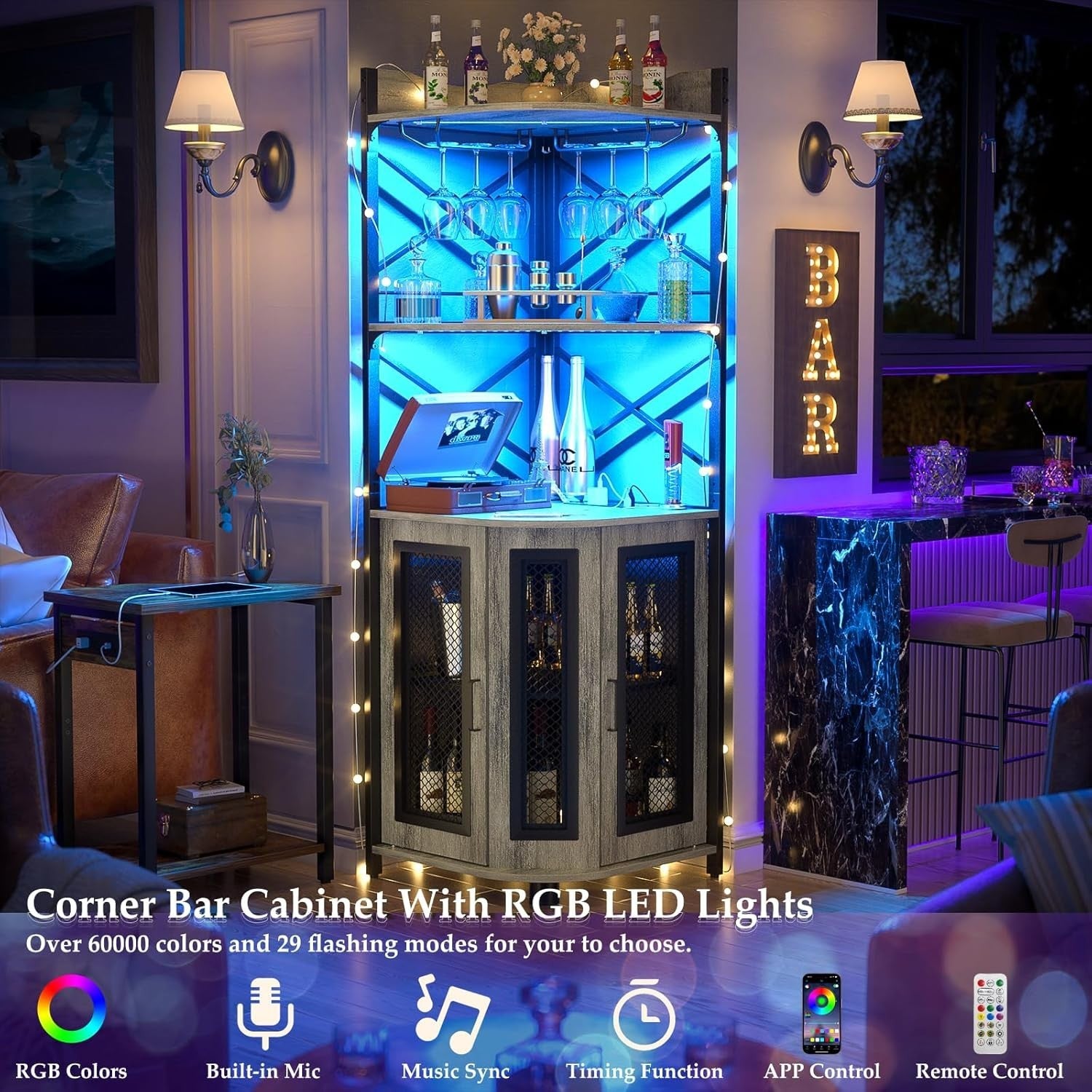 Corner Bar Cabinet with LED Lights & Power Outlets, 5-Tier Liquor Wine Storage