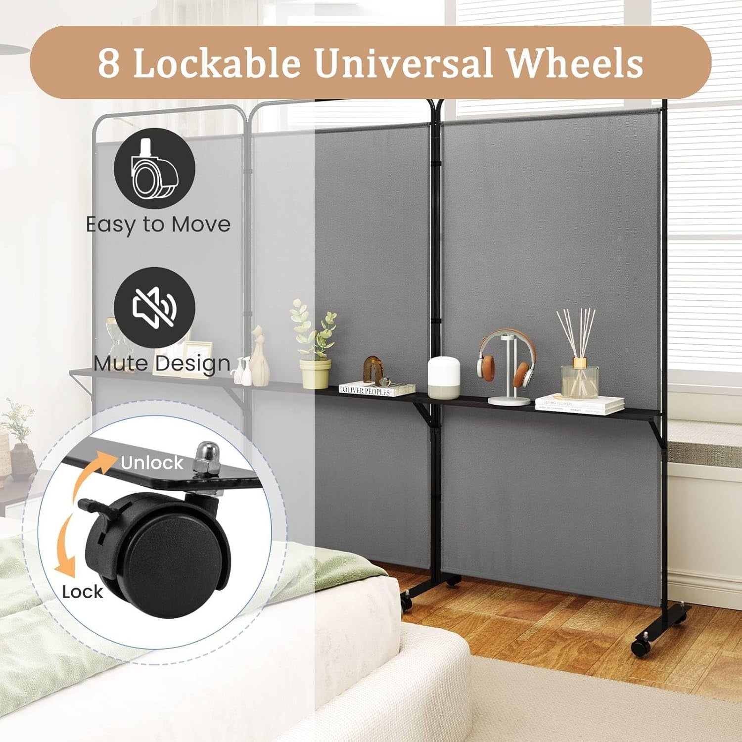 3 Panel Folding Room Divider with Shelves & Wheels 188cm Tall Privacy Screen