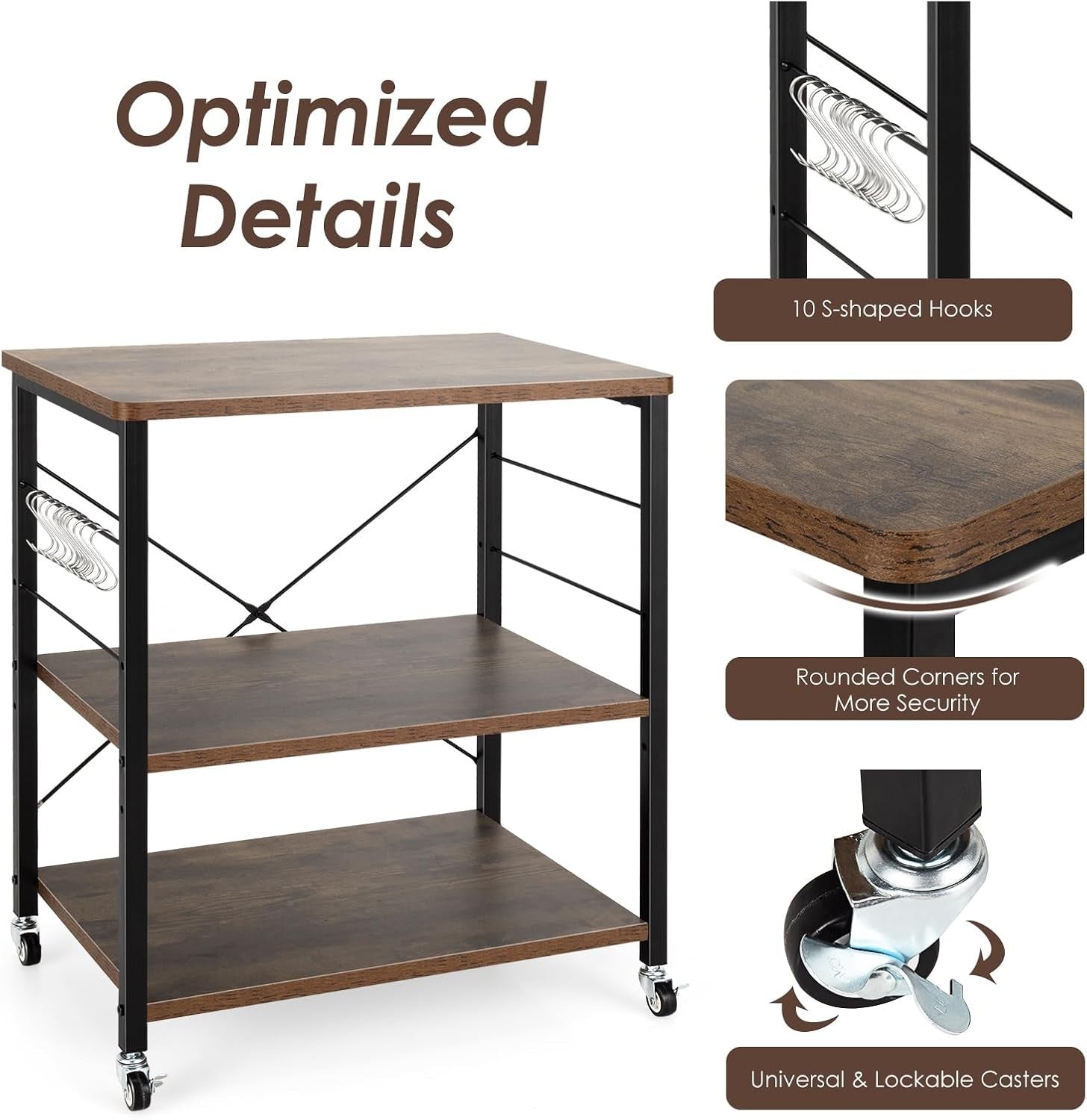 Kitchen Bakers Rack Rolling Cart Microwave Stand 3 Tier Shelves Wheels