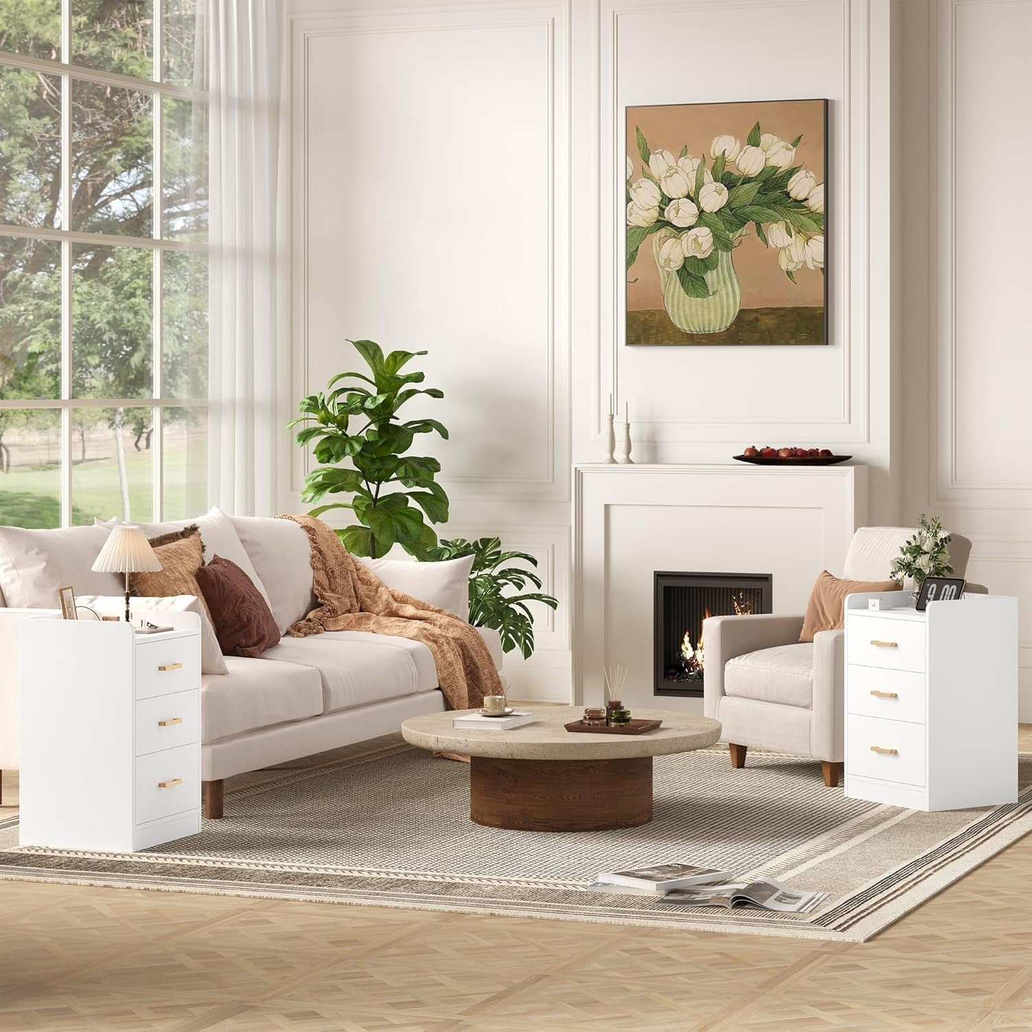 Set of 2 White Bedside Tables with Charging Station | 3 Drawer Nightstands