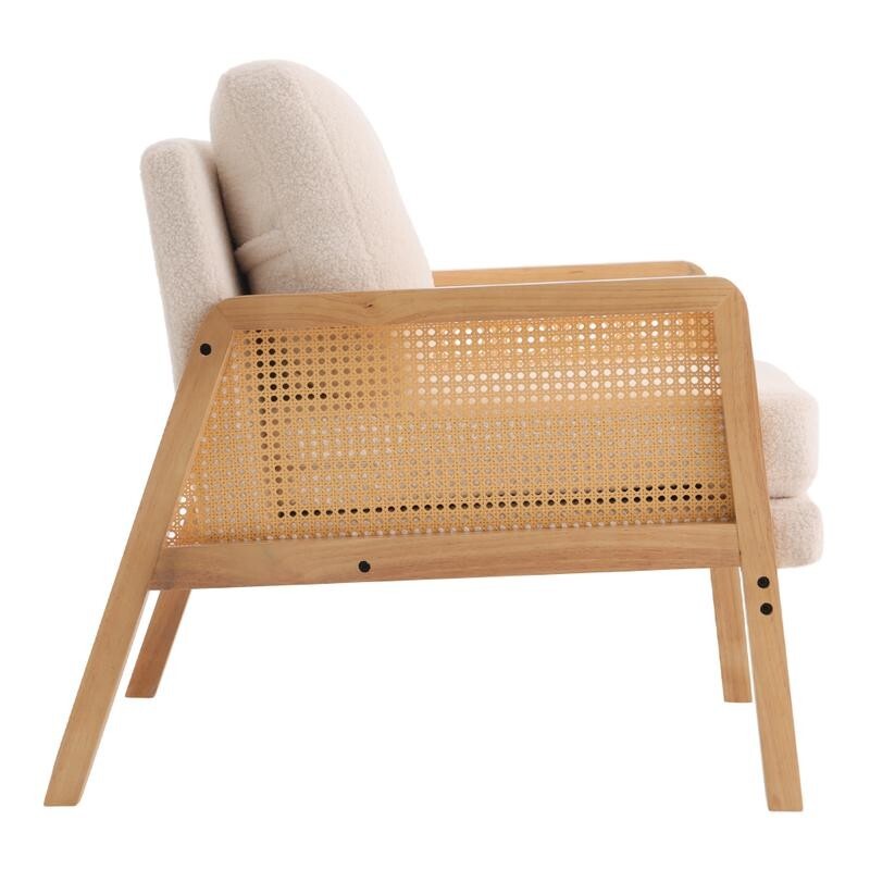 White Teddy Fleece Rattan Armchair Lounge Chair Modern Wood Accent Seat