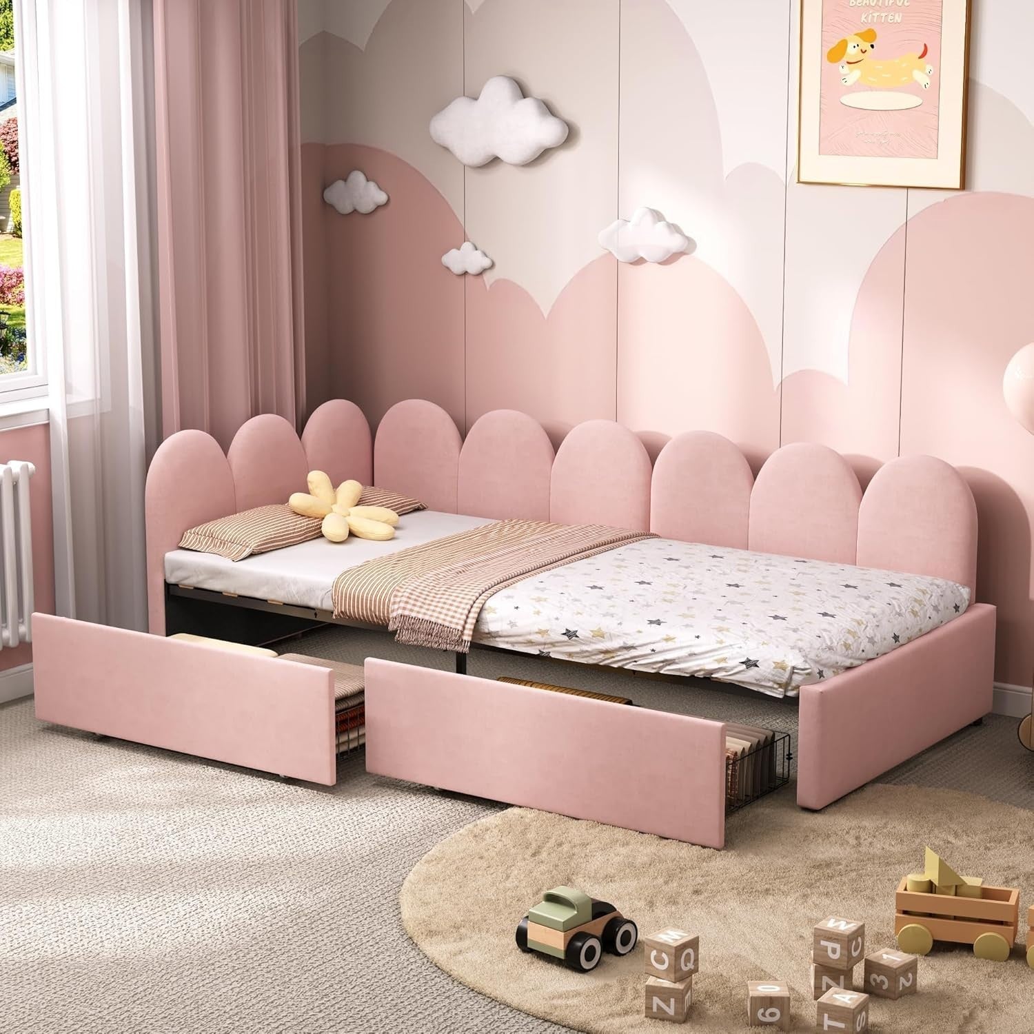 Pink Velvet Single Daybed Sofa Bed w/ Storage Drawers Kids Teen Room