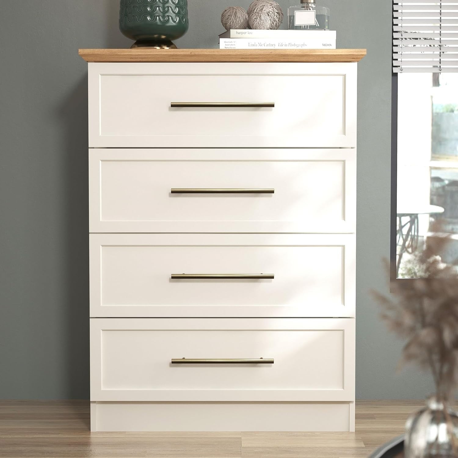 4 Drawer Chest Storage Cabinet for Bedroom, Hallway & Living Room, Ivory/Oak