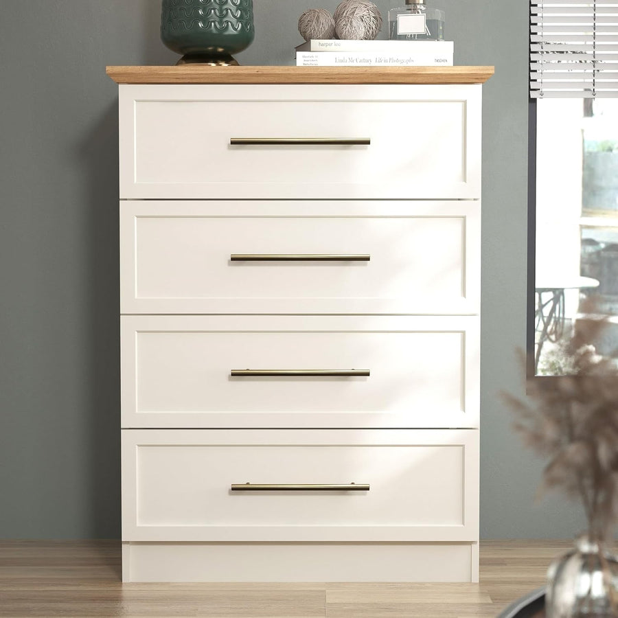 4 Drawer Chest Storage Cabinet for Bedroom, Hallway & Living Room, Ivory/Oak