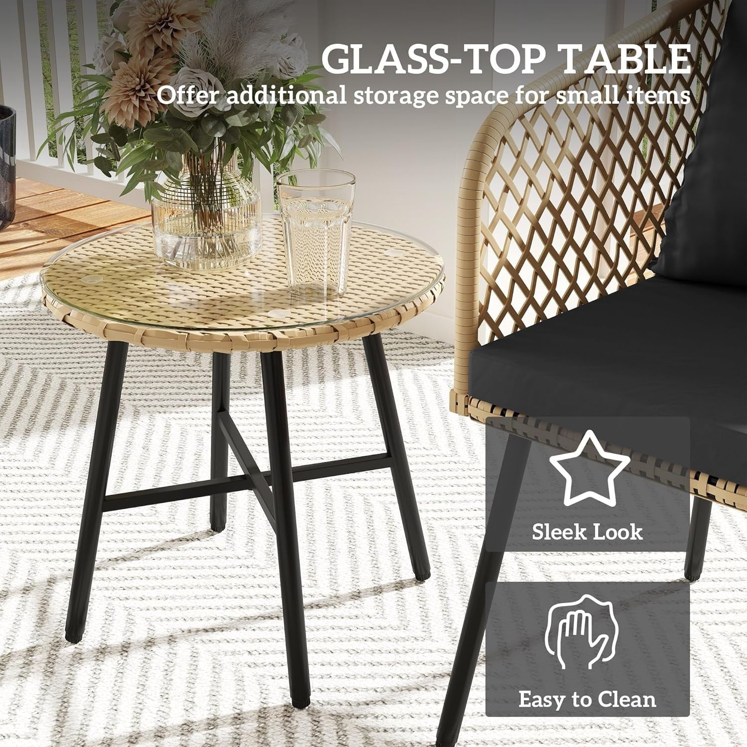 3 Piece Rattan Bistro Set Patio Chairs with Glass Table Balcony Seating